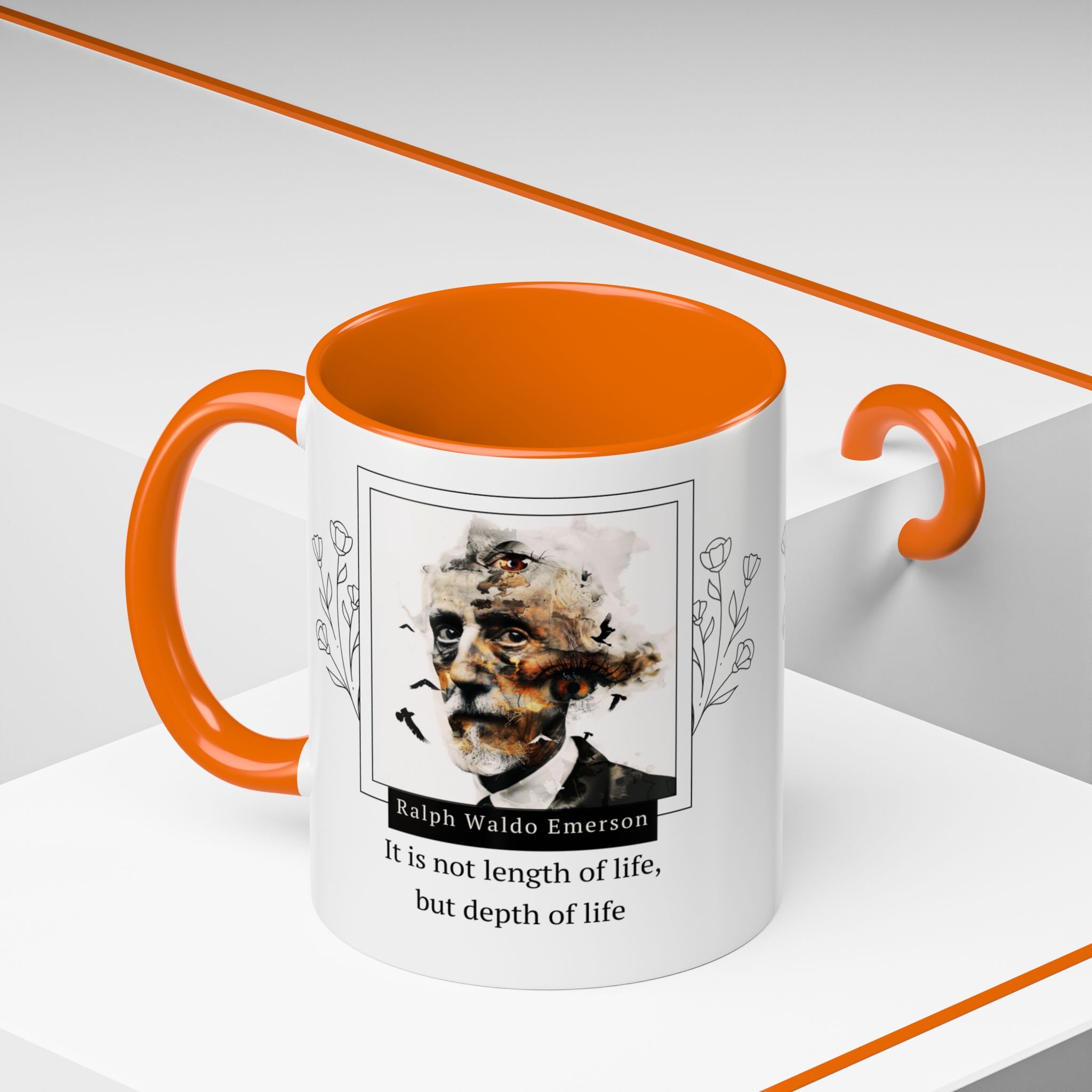 Ralph Waldo Emerson Quote - It Is Not Length of Life, But Depth of Life and Author Picture Accent Coffee Mug - 11oz & 15oz Options