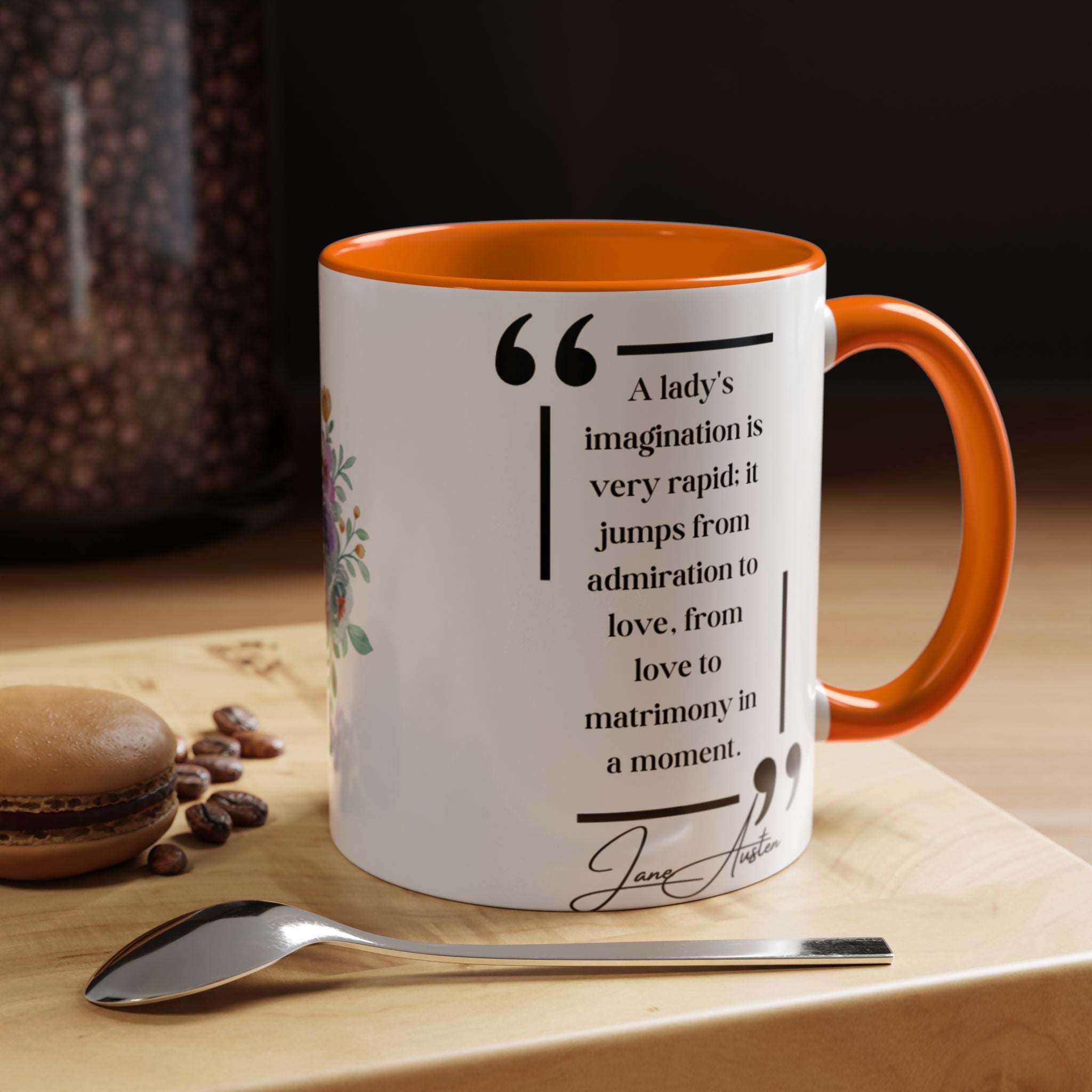 Jane Austen quote about a Lady's Imagination Mug | Witty Romance Coffee Cup | 11oz, 15oz Accent Mugs for Literary Lovers & Austen Fans
