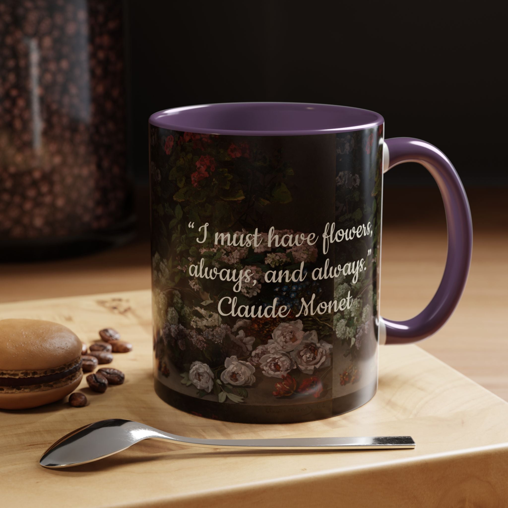 Claude Monet quote - Flowers Always with Artwork pattern - Accent Coffee Mug (11, 15oz) | Impressionist Artist and Artwork