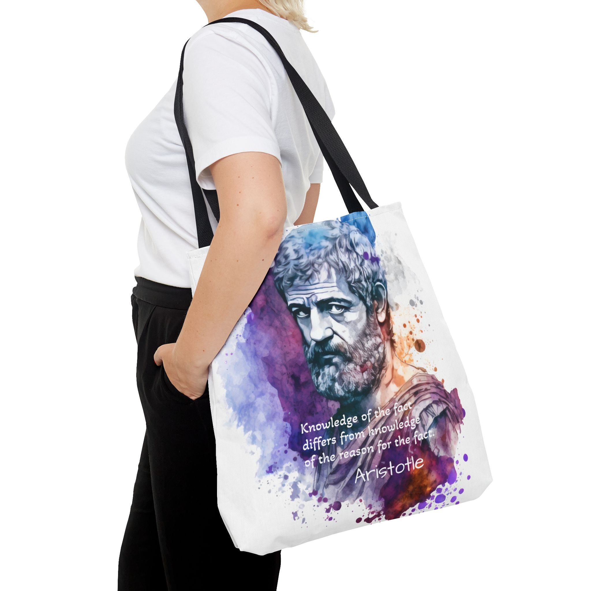 Aristotle Quote  Knowledge of the fact differs from knowledge of the reason for the fact. Tote Bag (AOP) | Philosopher Tote