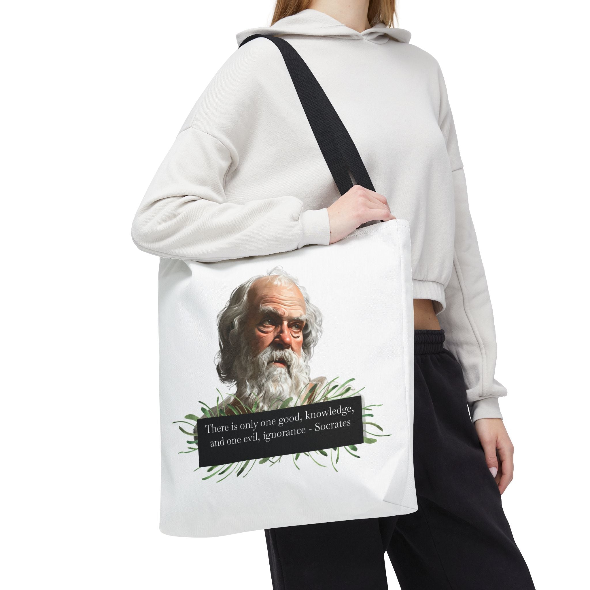 Socrates Quote - There is only one good, knowledge, and one evil, ignorance. Tote Bag (AOP) | Philosopher Tote
