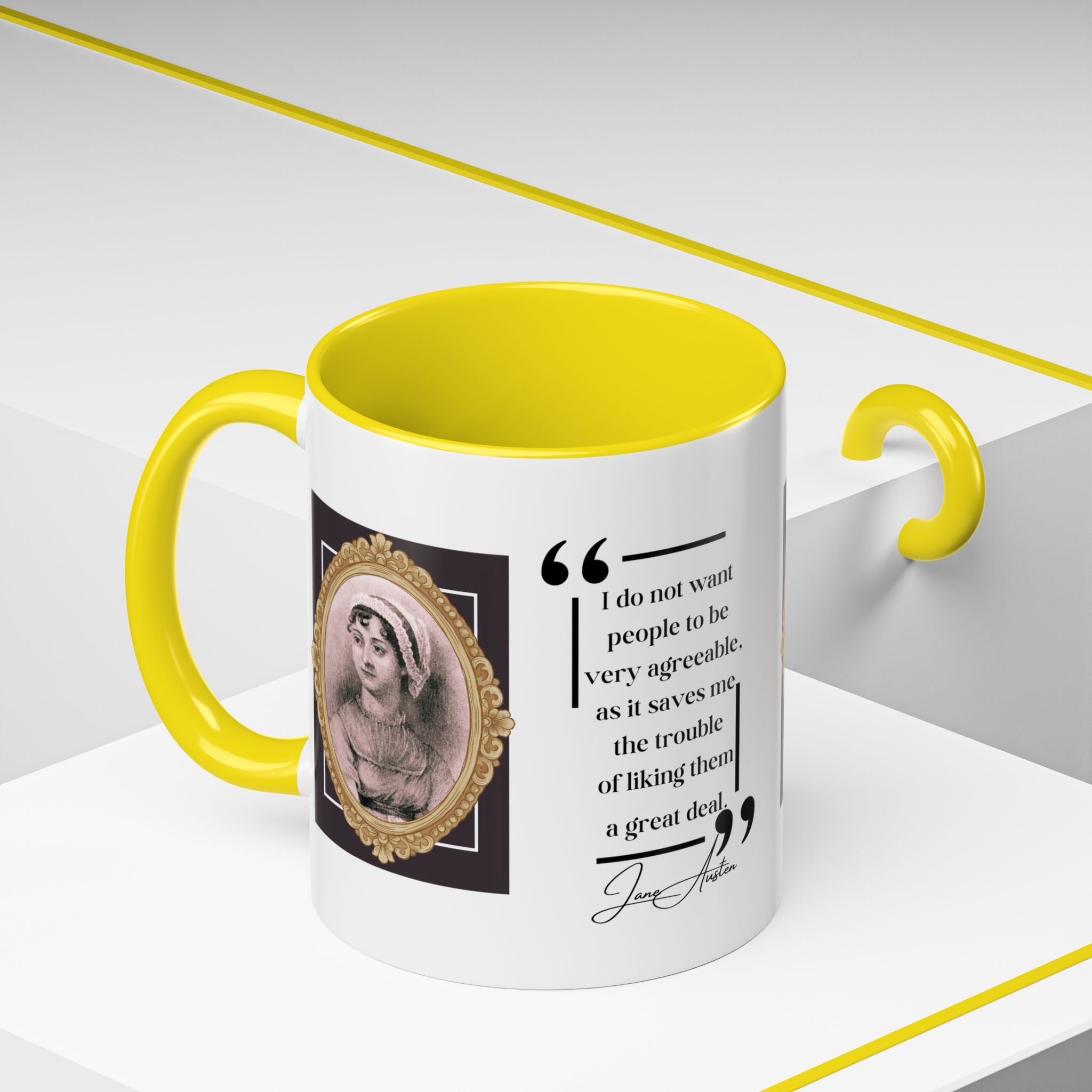 Jane Austen Quote I Do Not Want People to Be Very Agreeable and Author Picture Accent Coffee Mug - 11oz & 15oz Options