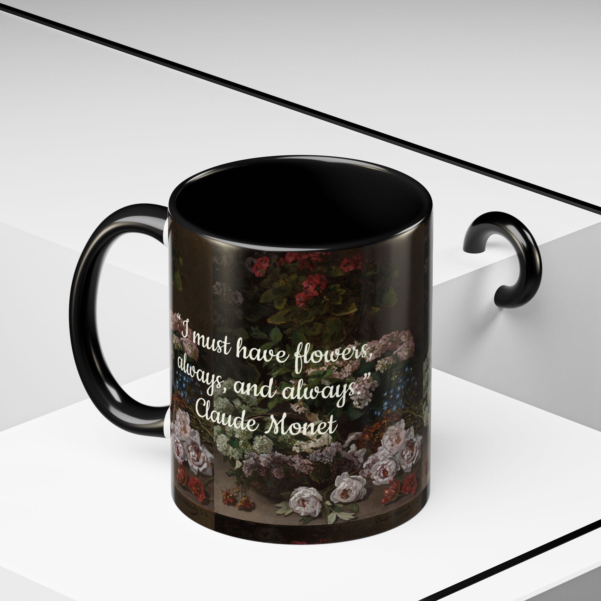 Claude Monet quote - Flowers Always with Artwork pattern - Accent Coffee Mug (11, 15oz) | Impressionist Artist and Artwork