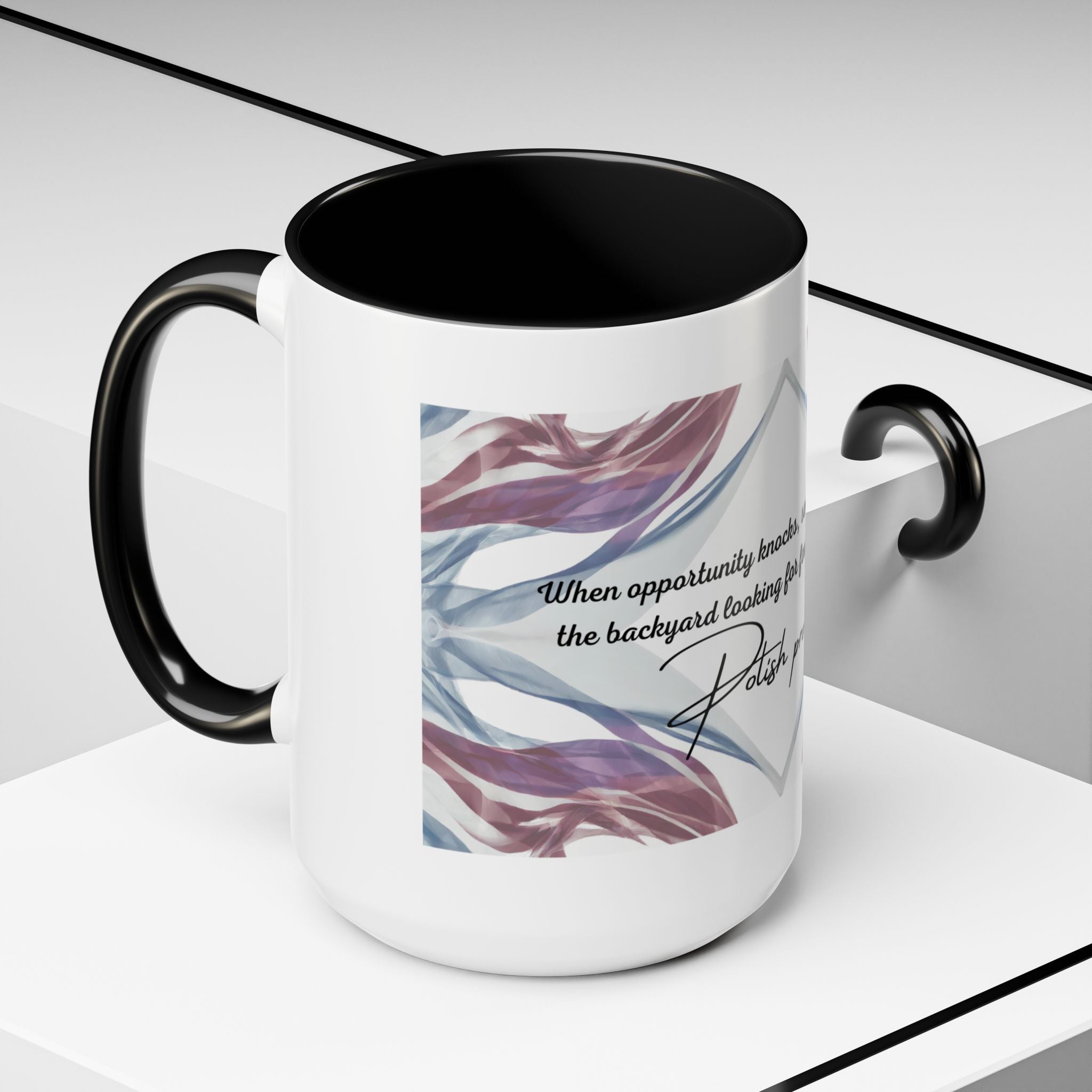 Polish Proverb Opportunity Knocks Mug | Motivational Coffee Cup | 11oz, 15oz Accent Mugs for Inspiration & Success