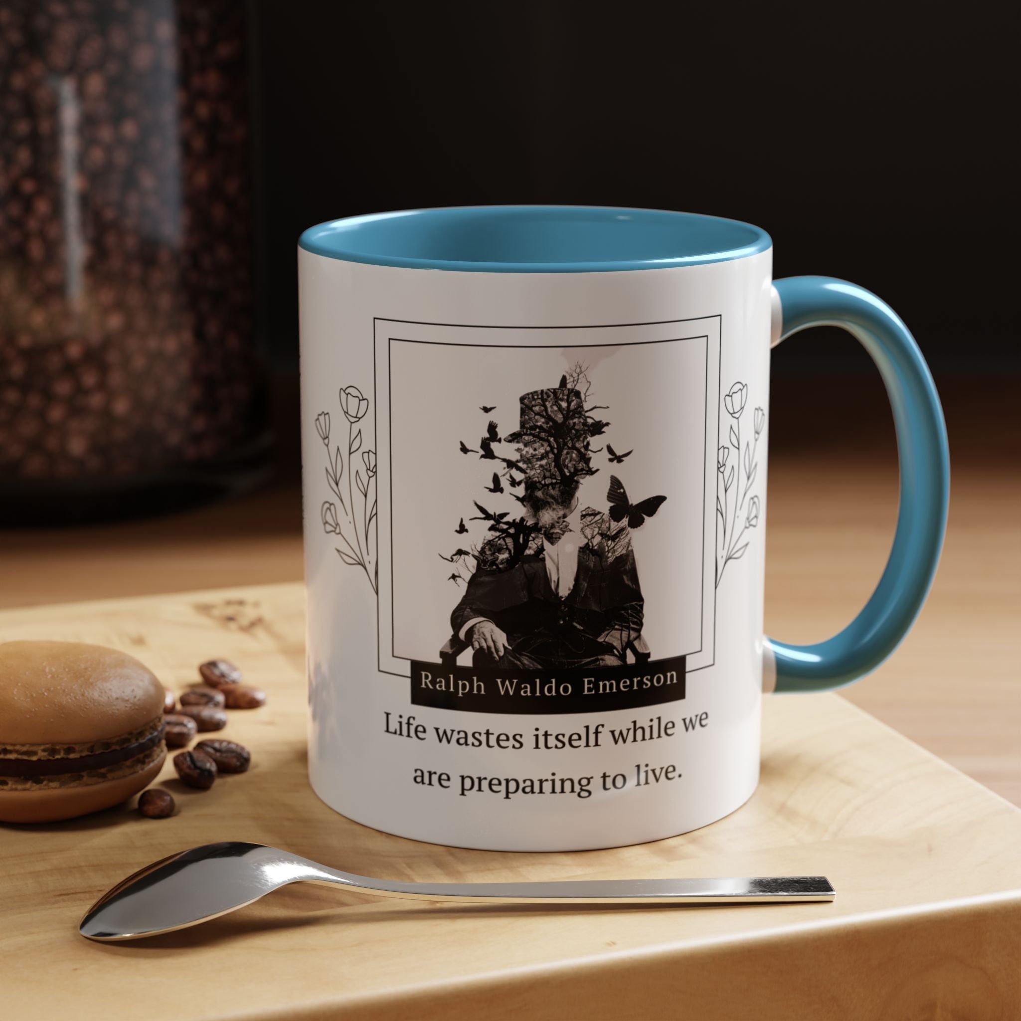 Ralph Waldo Emerson - Life wastes itself while we are preparing to life - Accent Coffee Mug (11, 15oz)