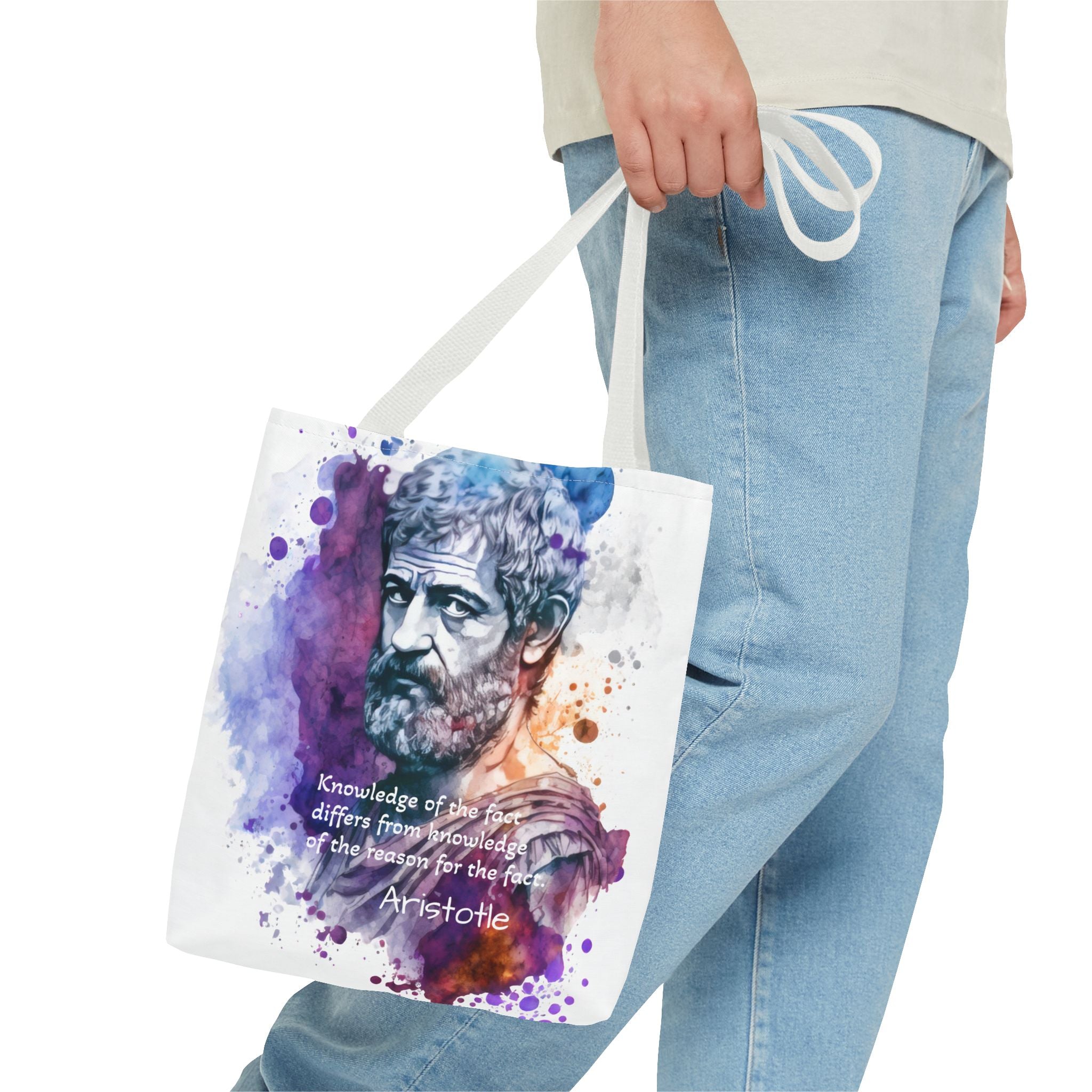 Aristotle Quote  Knowledge of the fact differs from knowledge of the reason for the fact. Tote Bag (AOP) | Philosopher Tote