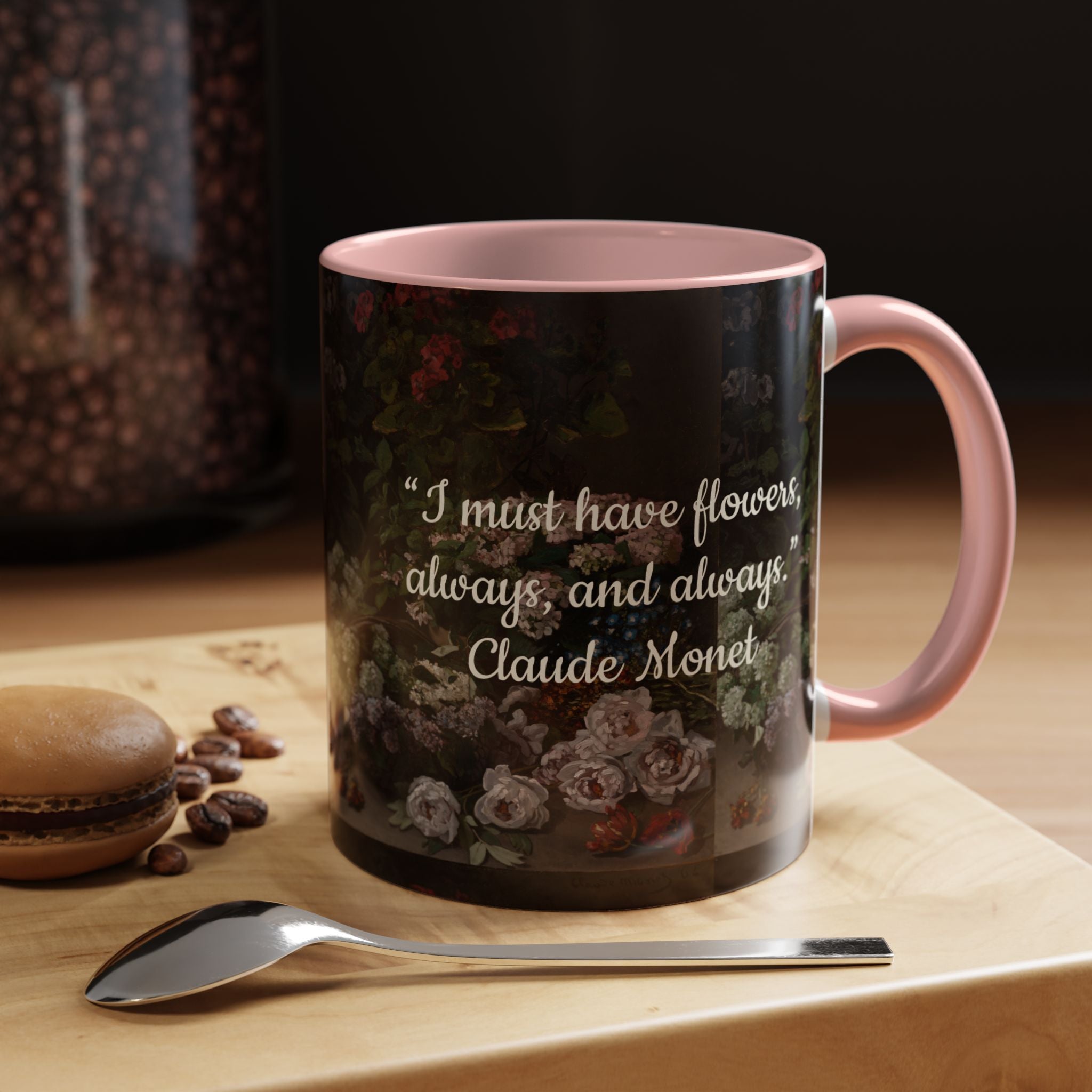 Claude Monet quote - Flowers Always with Artwork pattern - Accent Coffee Mug (11, 15oz) | Impressionist Artist and Artwork