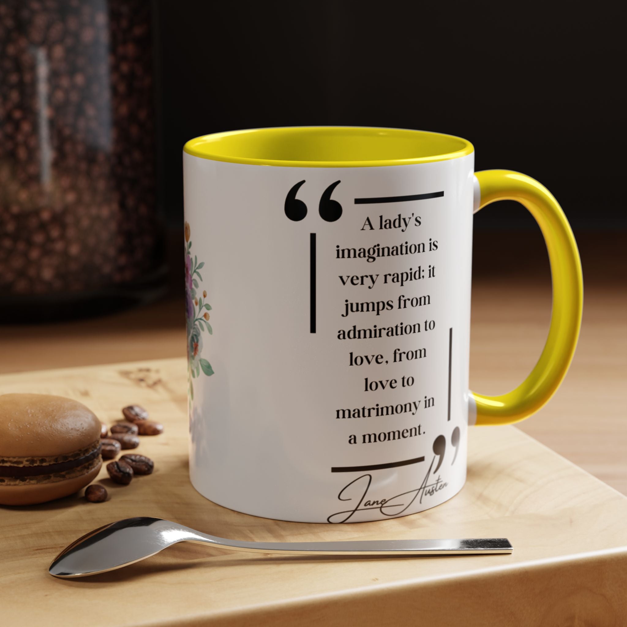 Jane Austen quote about a Lady's Imagination Mug | Witty Romance Coffee Cup | 11oz, 15oz Accent Mugs for Literary Lovers & Austen Fans