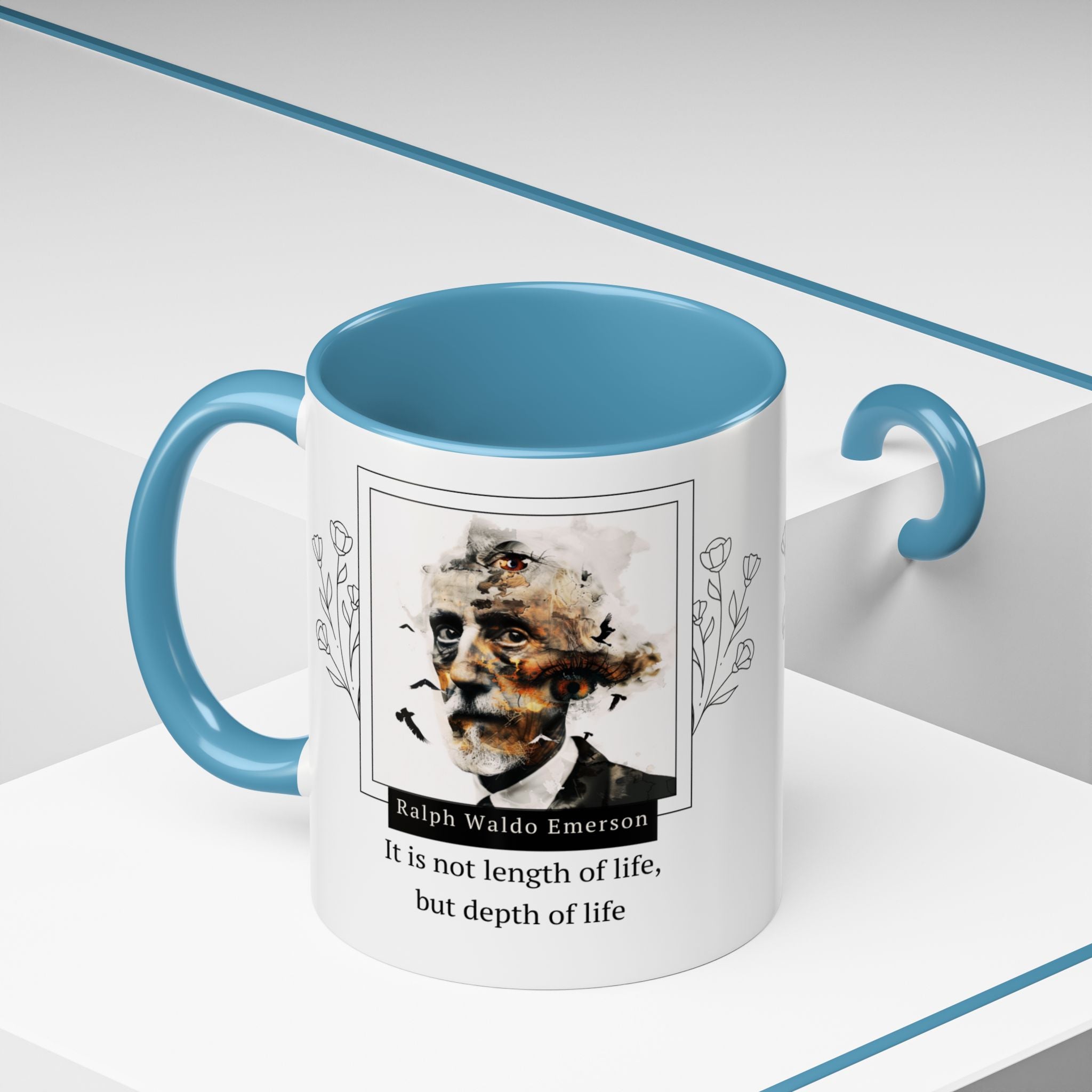 Ralph Waldo Emerson Quote - It Is Not Length of Life, But Depth of Life and Author Picture Accent Coffee Mug - 11oz & 15oz Options