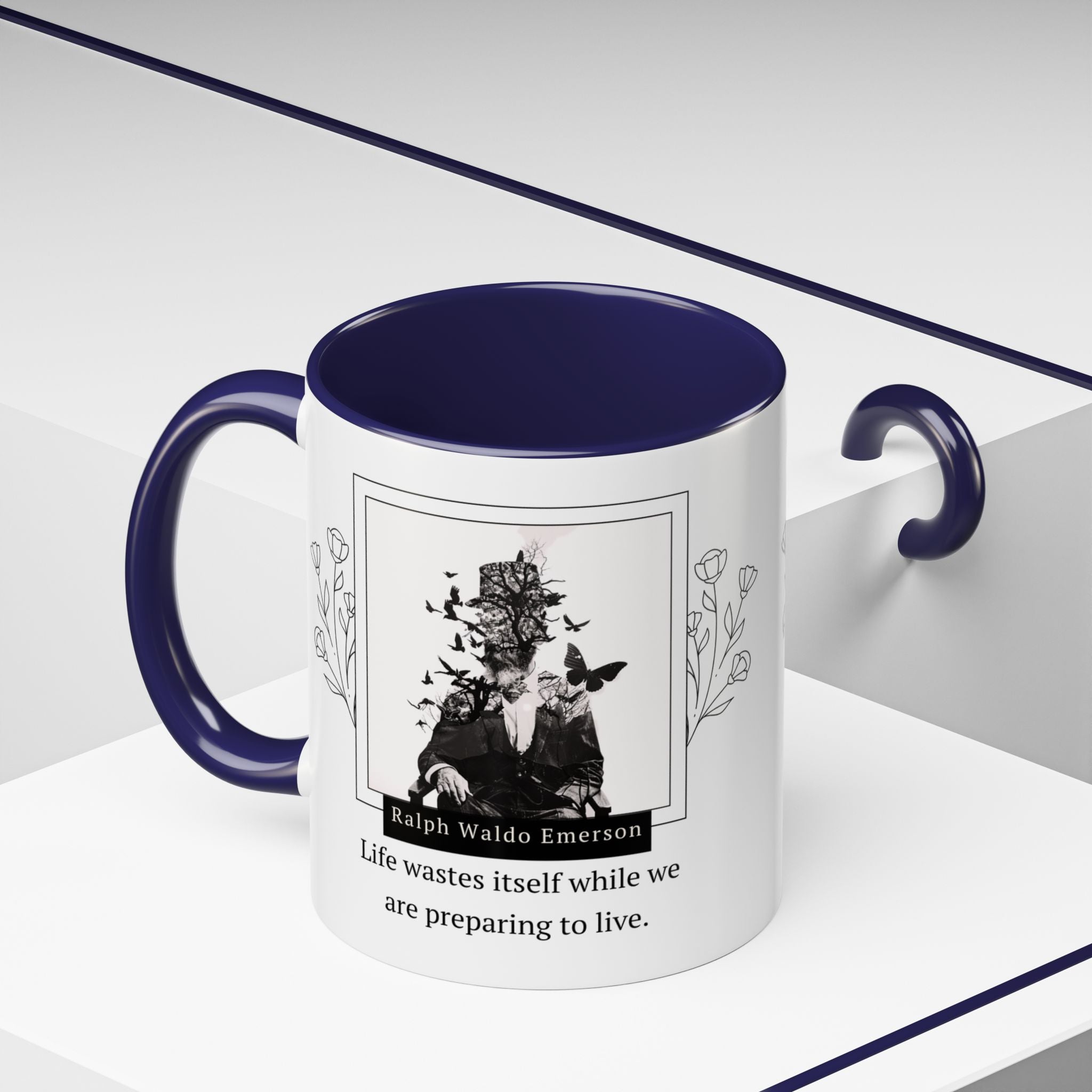 Ralph Waldo Emerson - Life wastes itself while we are preparing to life - Accent Coffee Mug (11, 15oz)