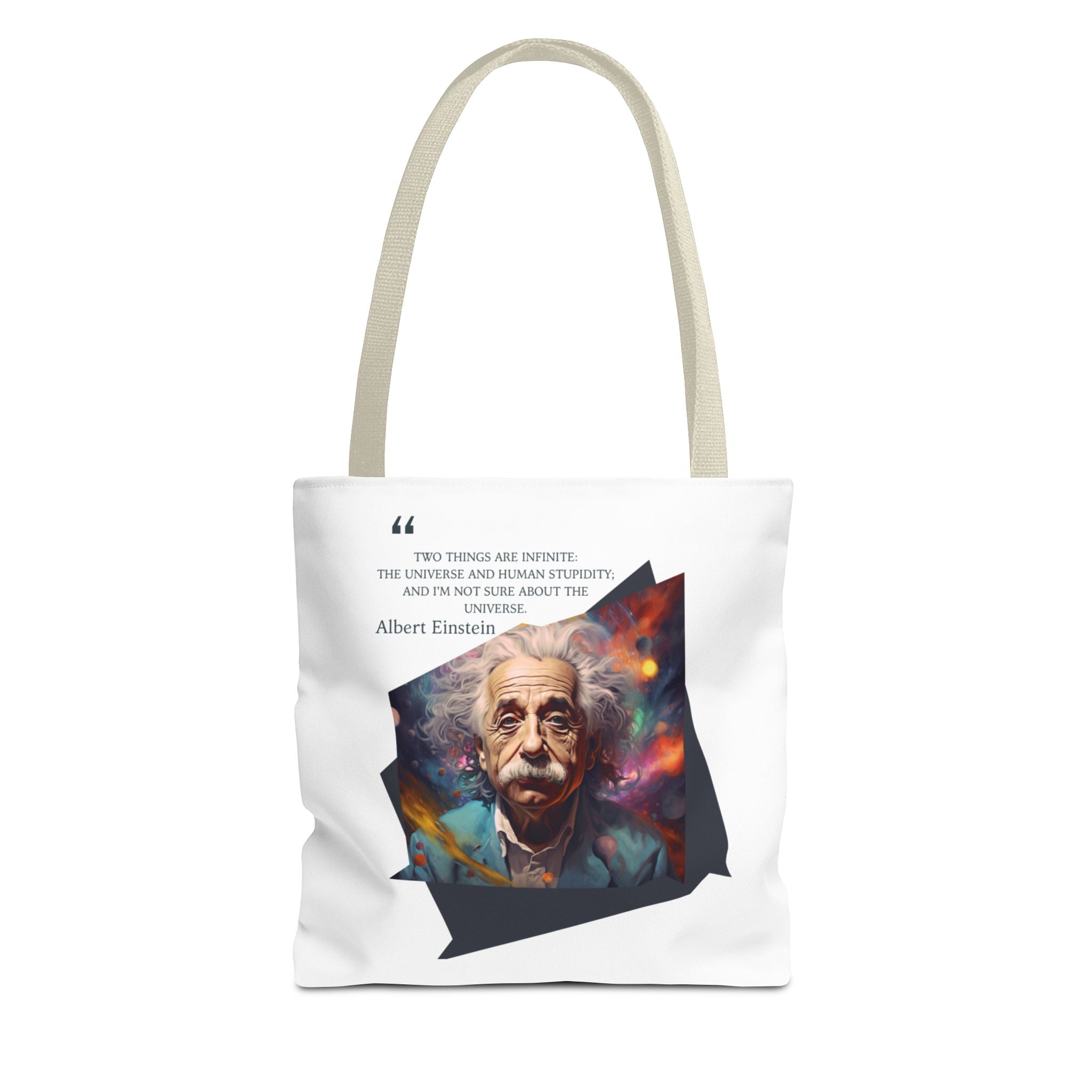 Einstein The Universe and Human Stupidity Quote Tote Bag (AOP) | Humorous Einstein Quotes | Gift for Science Lovers and STEM Enthusiasts