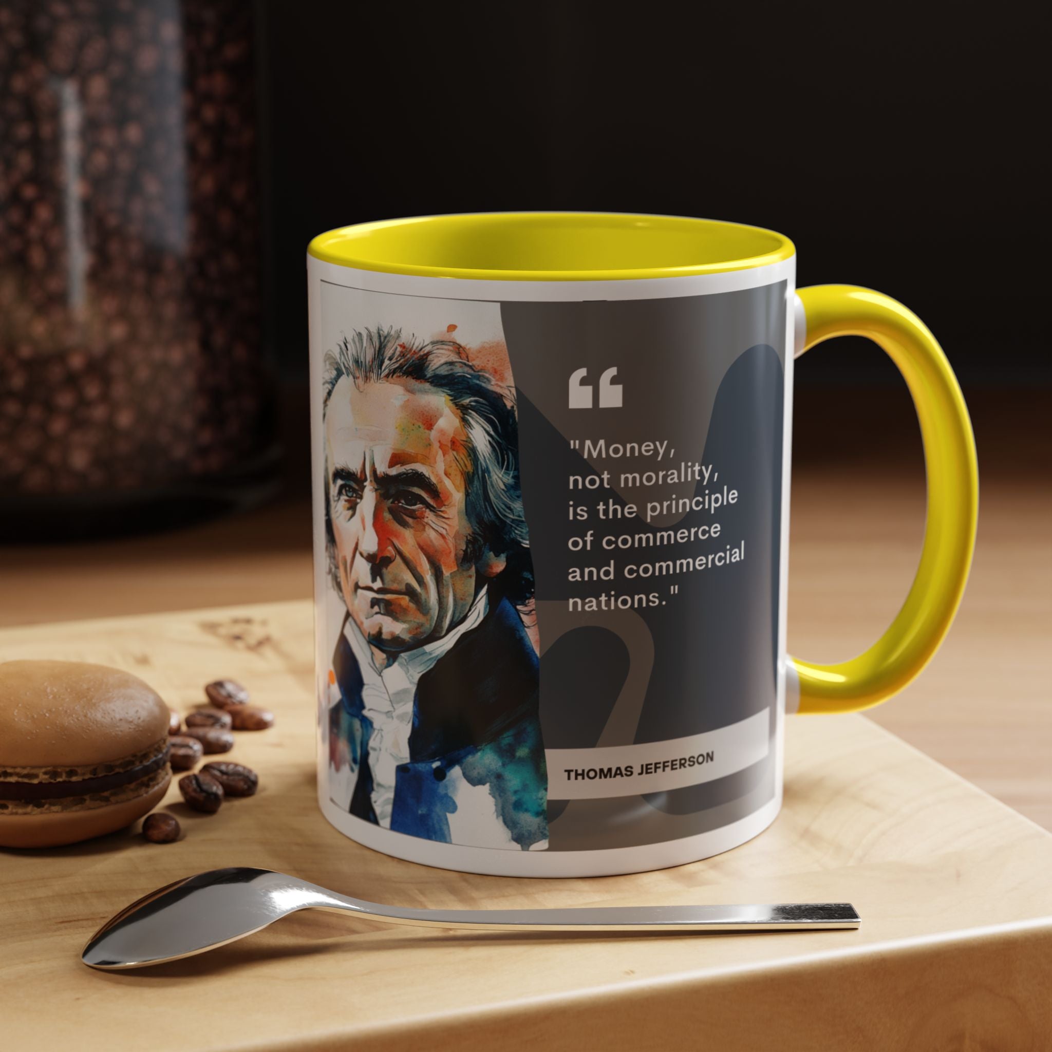 Thomas Jefferson Money vs Morality Quote Mug | Thought-Provoking Commerce Coffee Cup | 11oz, 15oz Accent Mugs for Economists & History Buffs