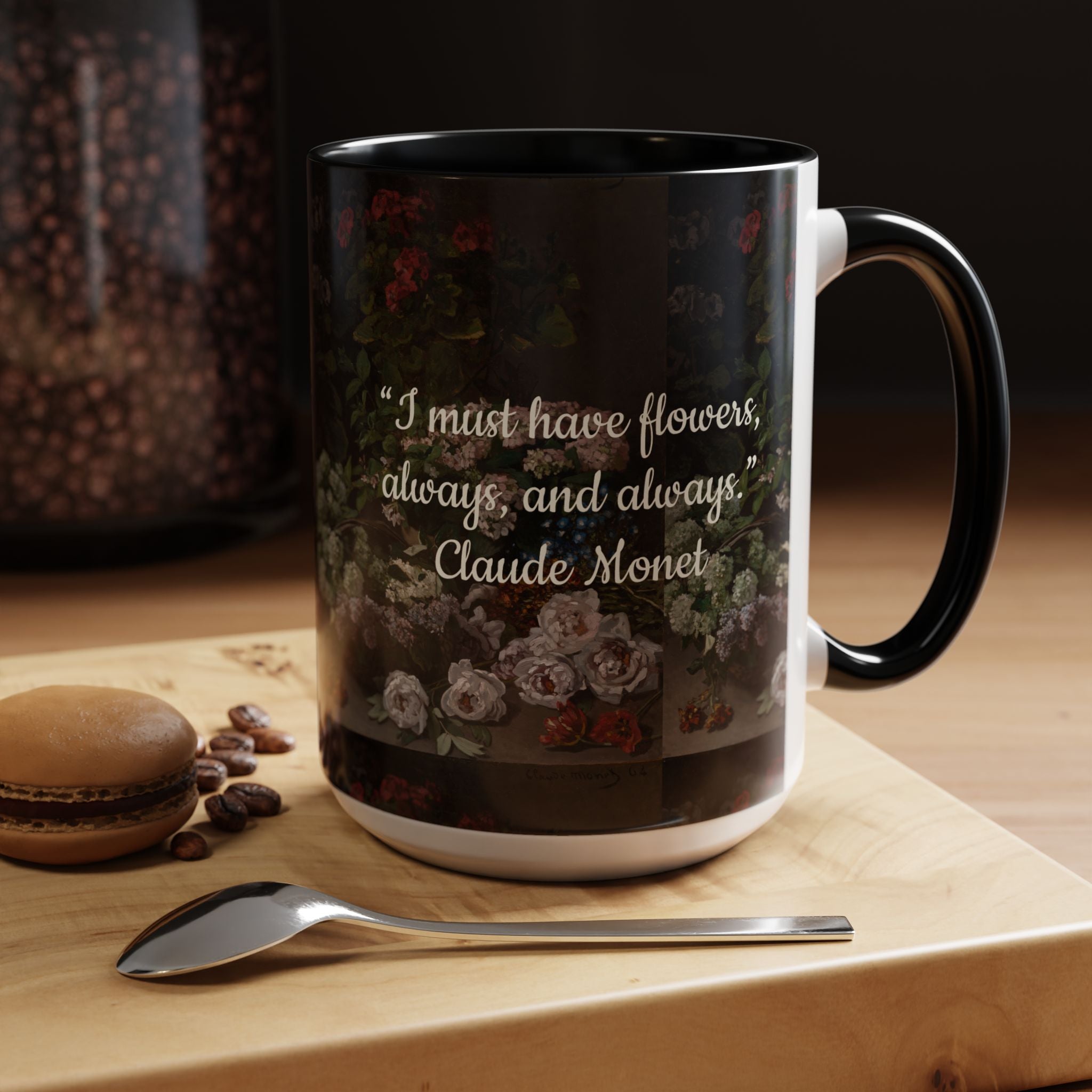 Claude Monet quote - Flowers Always with Artwork pattern - Accent Coffee Mug (11, 15oz) | Impressionist Artist and Artwork