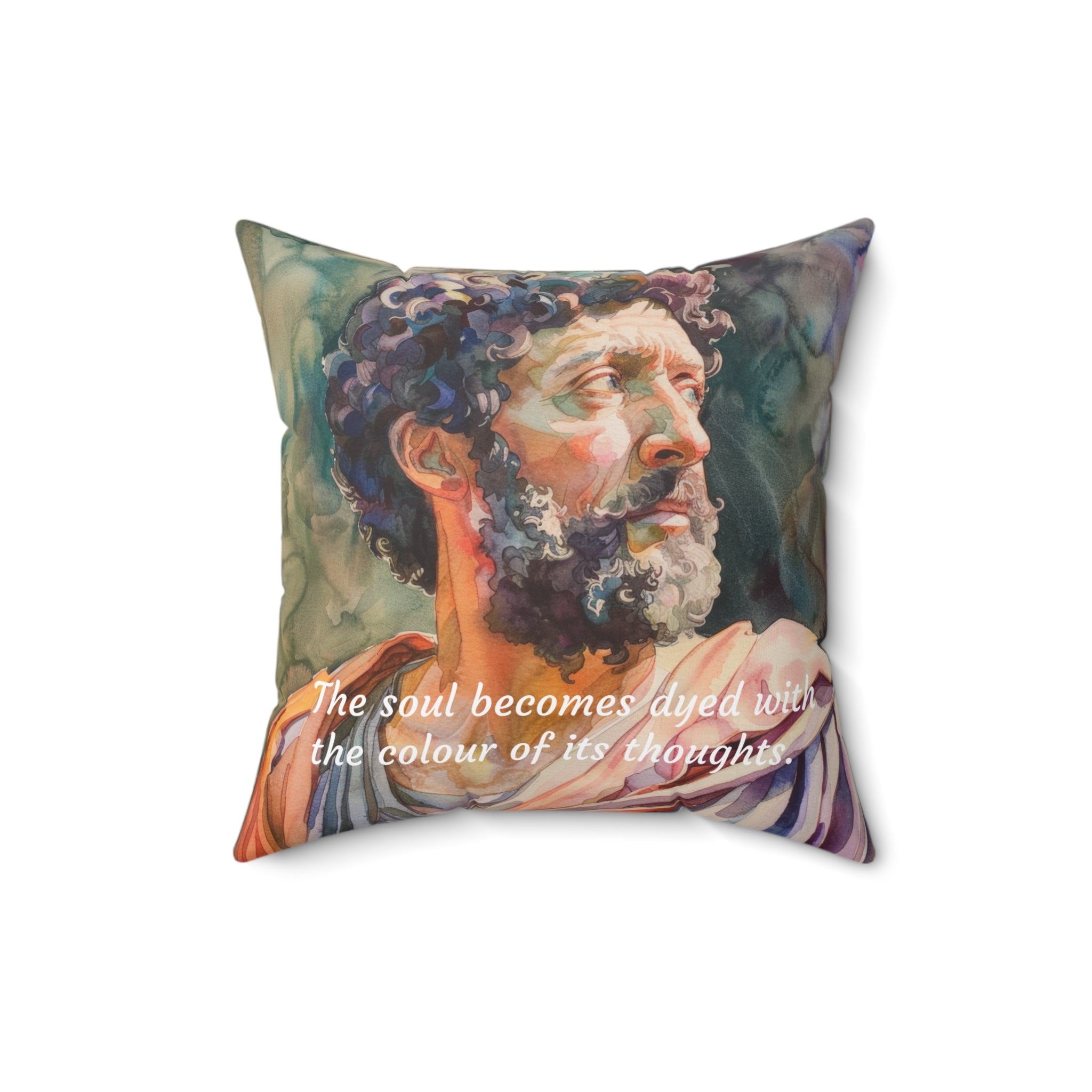 Marcus Aurelius The soul becomes dyed with the colour of its thoughts Quote Spun Polyester Square Pillow | Stoicism and Philosophy Gift