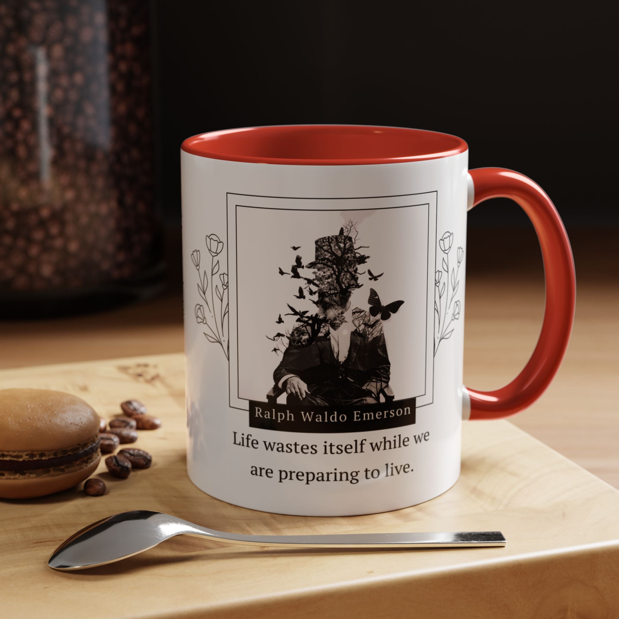 Ralph Waldo Emerson - Life wastes itself while we are preparing to life - Accent Coffee Mug (11, 15oz)