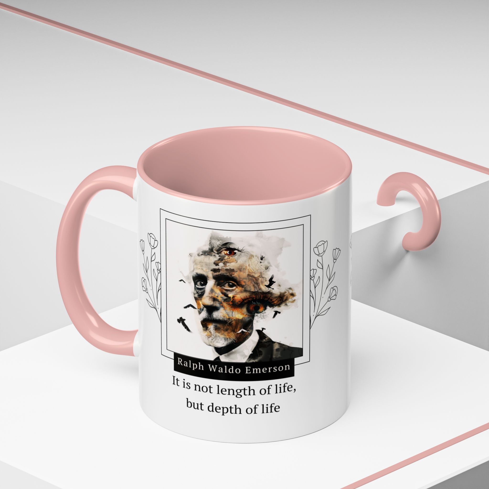 Ralph Waldo Emerson Quote - It Is Not Length of Life, But Depth of Life and Author Picture Accent Coffee Mug - 11oz & 15oz Options
