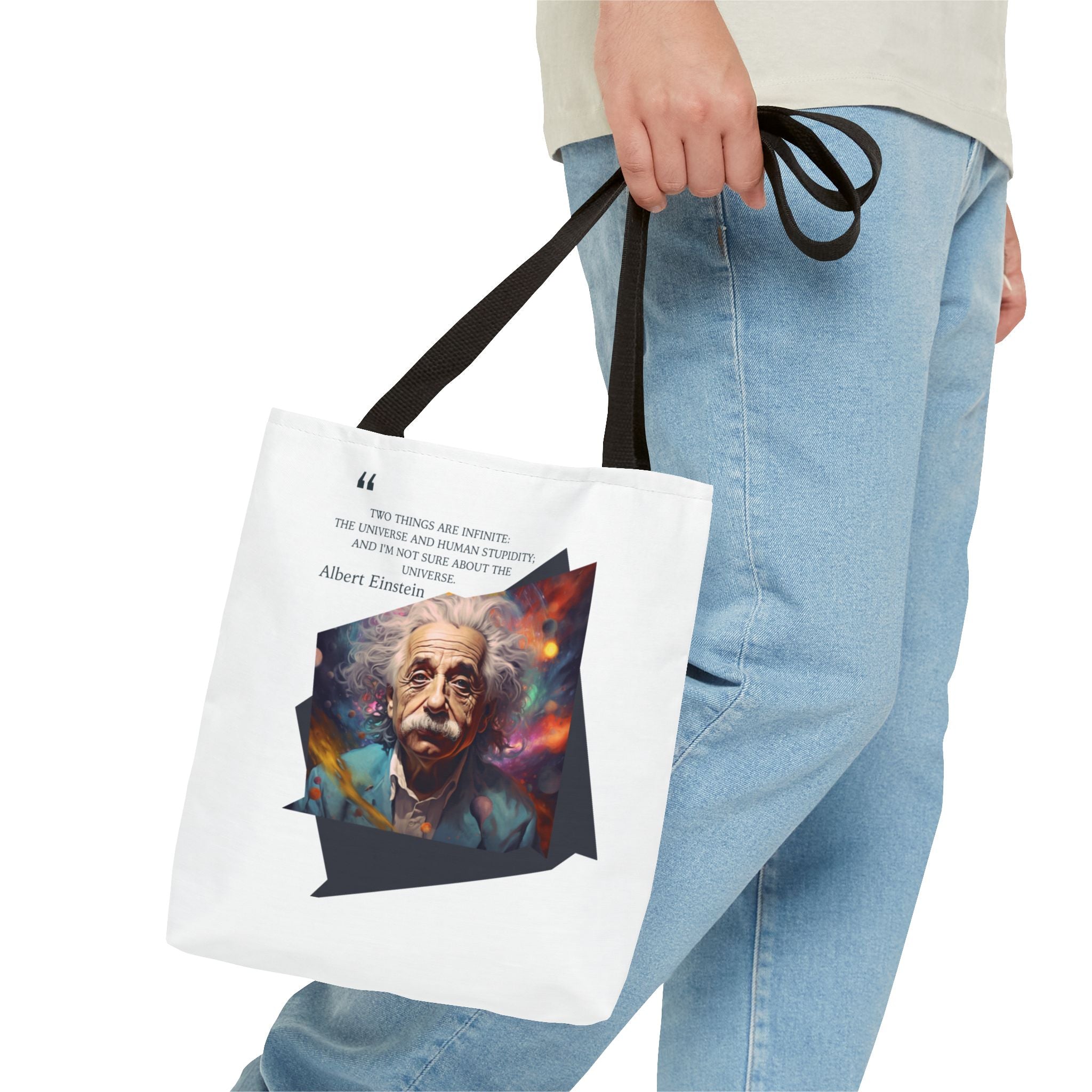 Einstein The Universe and Human Stupidity Quote Tote Bag (AOP) | Humorous Einstein Quotes | Gift for Science Lovers and STEM Enthusiasts