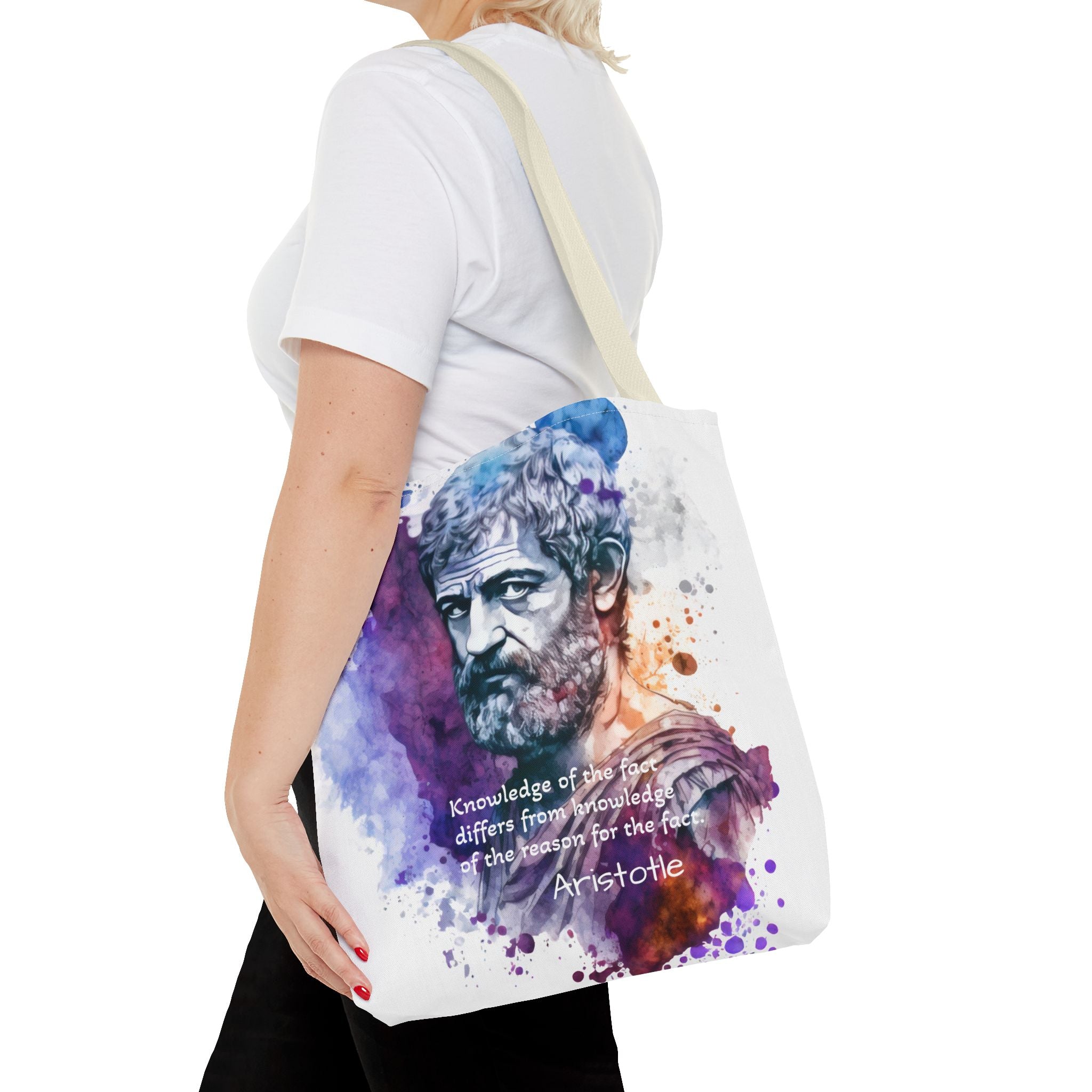 Aristotle Quote  Knowledge of the fact differs from knowledge of the reason for the fact. Tote Bag (AOP) | Philosopher Tote