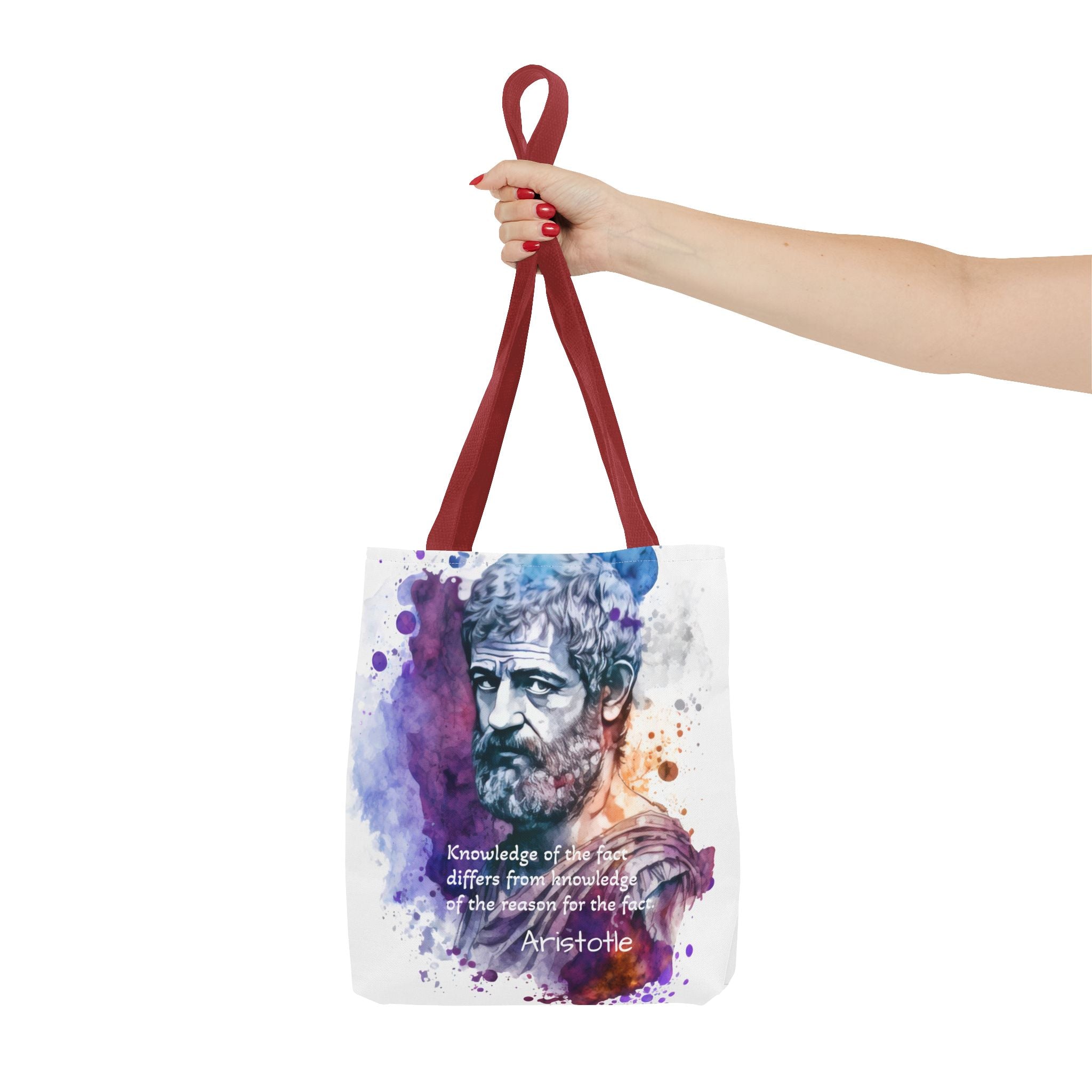 Aristotle Quote  Knowledge of the fact differs from knowledge of the reason for the fact. Tote Bag (AOP) | Philosopher Tote