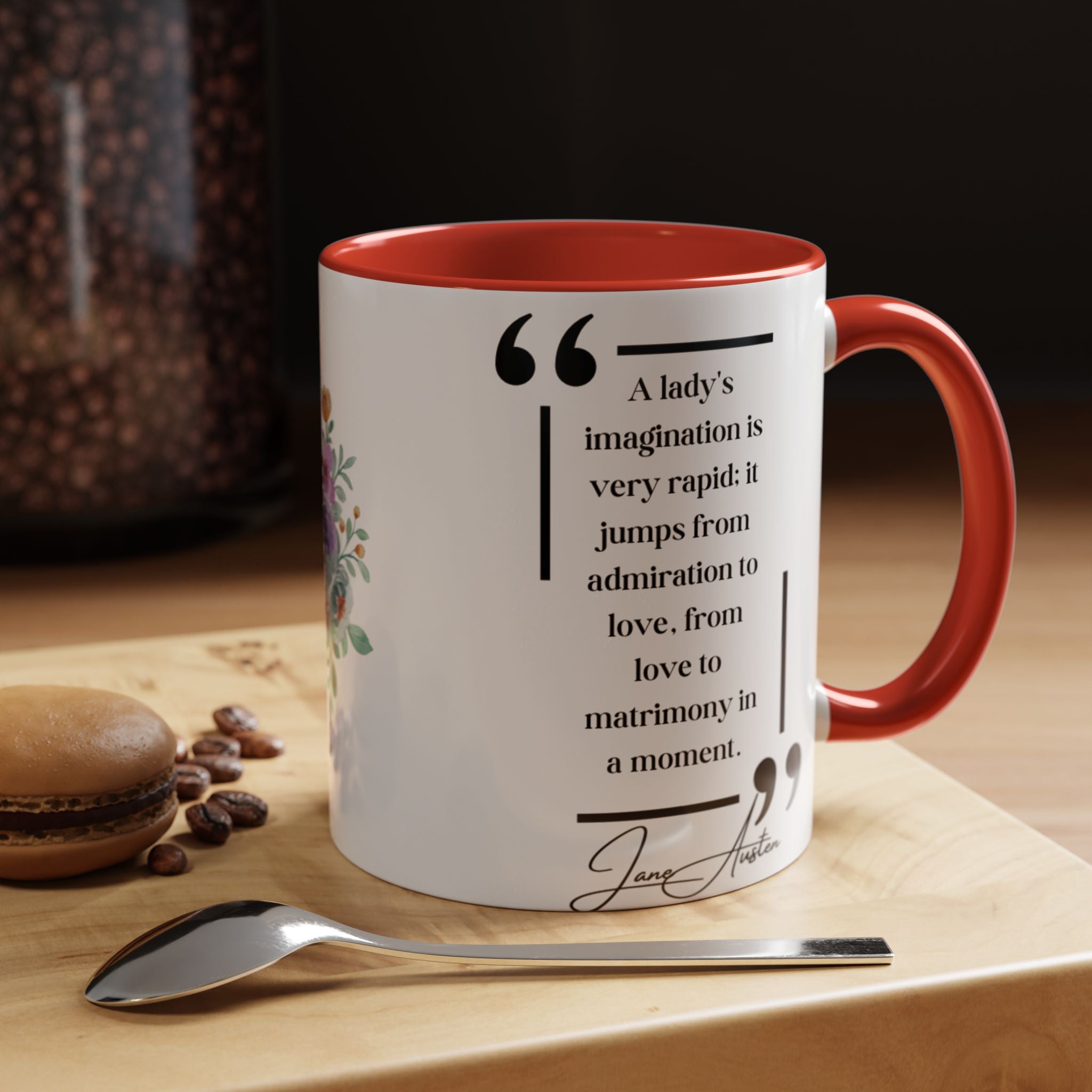 Jane Austen quote about a Lady's Imagination Mug | Witty Romance Coffee Cup | 11oz, 15oz Accent Mugs for Literary Lovers & Austen Fans