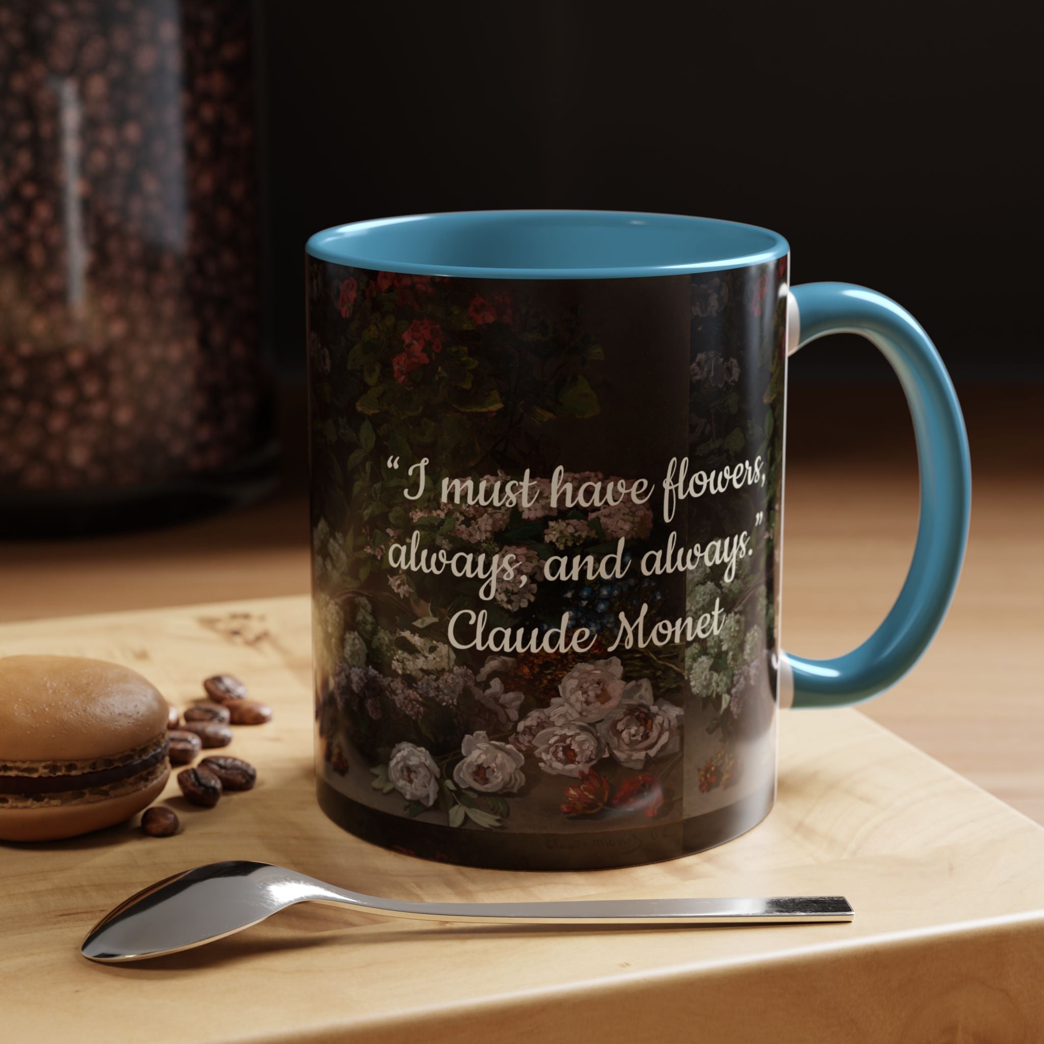 Claude Monet quote - Flowers Always with Artwork pattern - Accent Coffee Mug (11, 15oz) | Impressionist Artist and Artwork