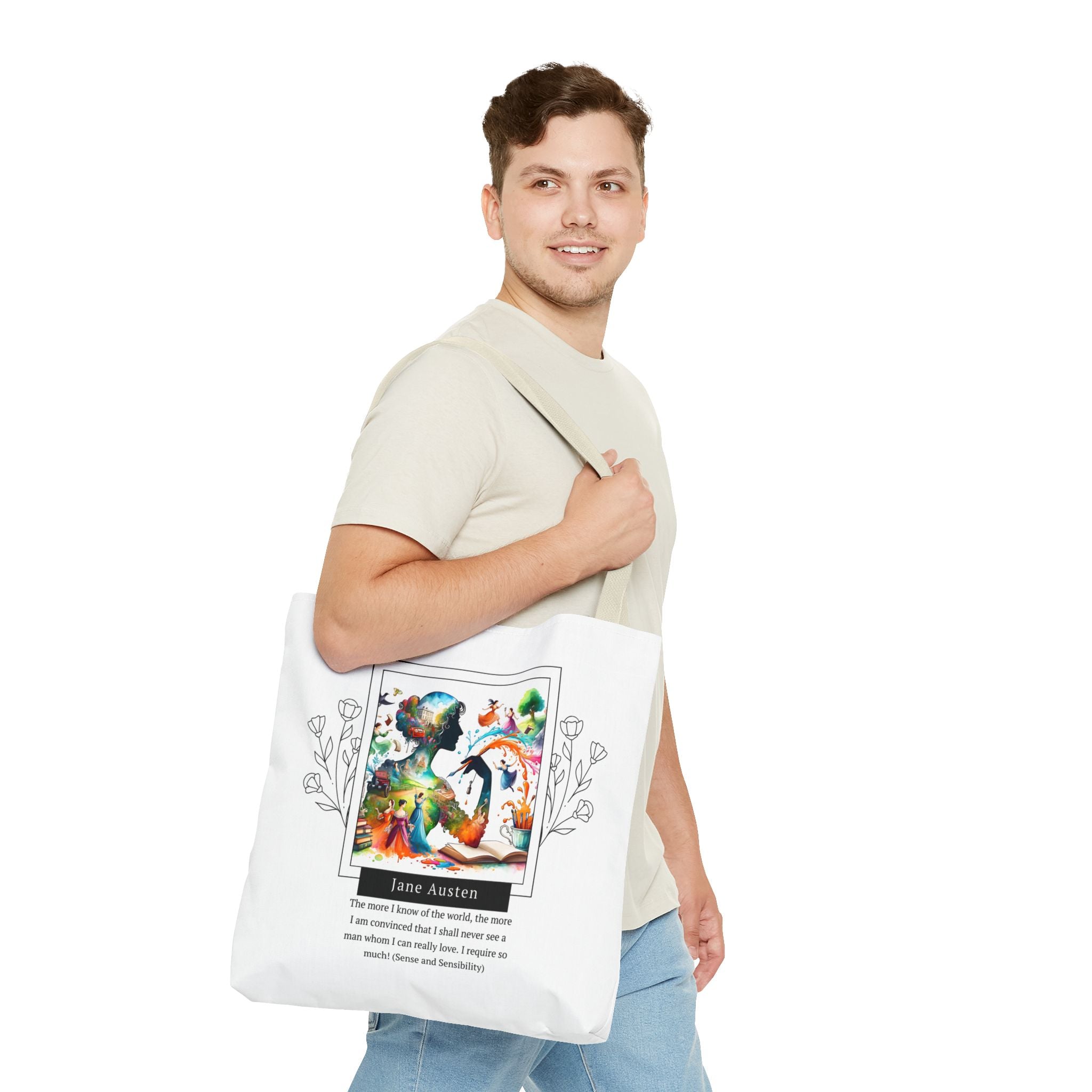 Jane Austen Man I can love quote Tote Bag (AOP) in 3 sizes| Literary Gifts | Pride and Prejudice| Perfect Gift for Austen Fans