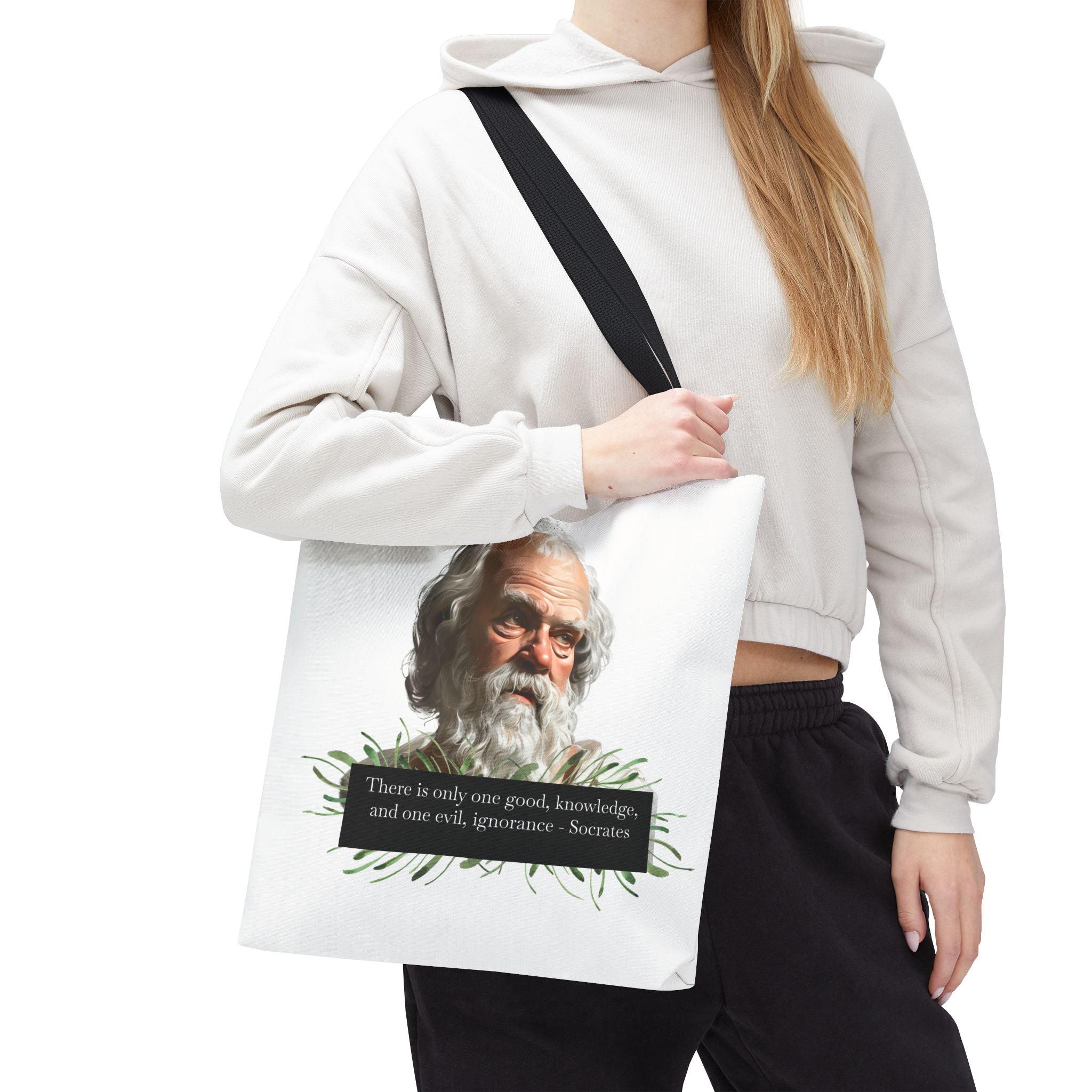 Socrates Quote - There is only one good, knowledge, and one evil, ignorance. Tote Bag (AOP) | Philosopher Tote