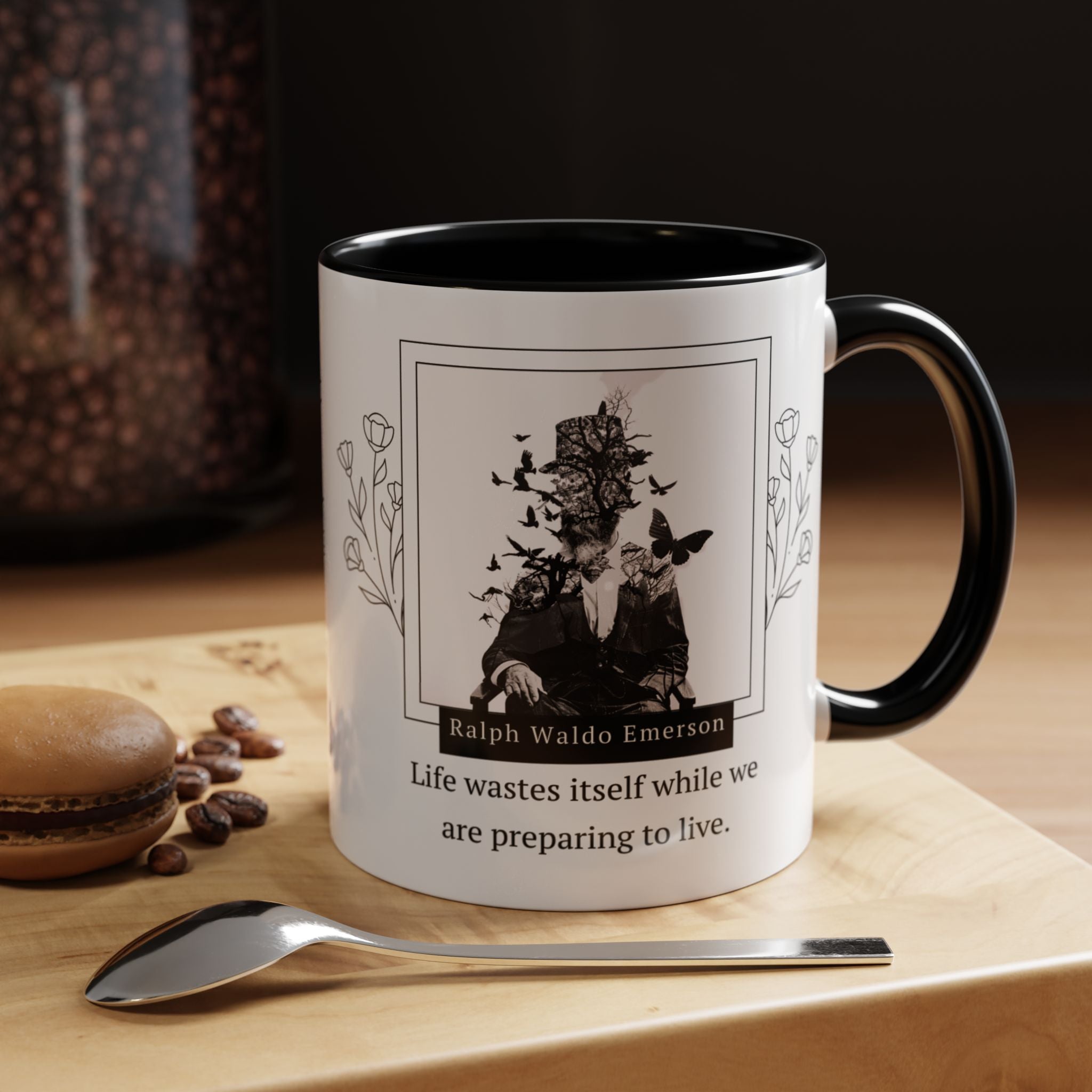 Ralph Waldo Emerson - Life wastes itself while we are preparing to life - Accent Coffee Mug (11, 15oz)