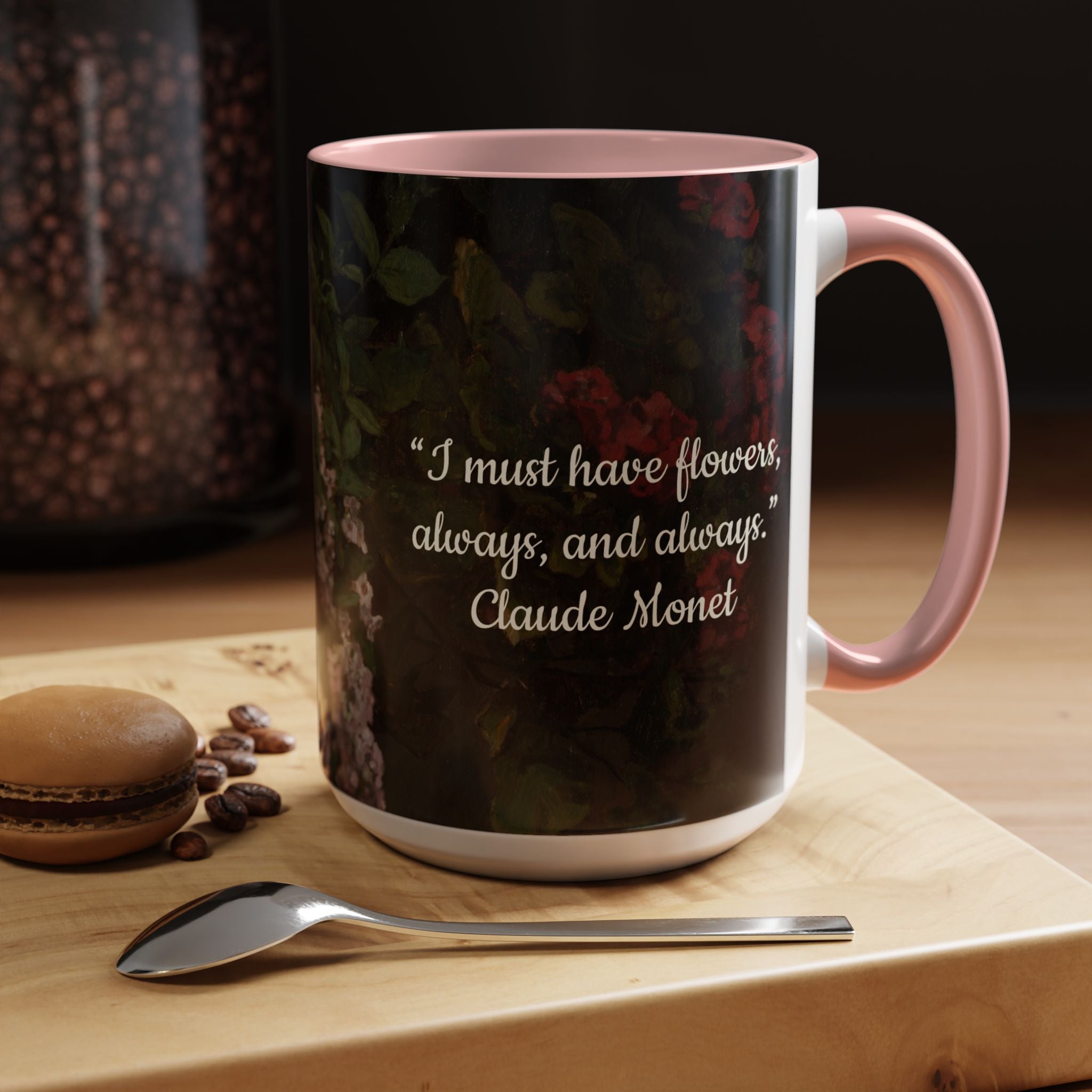 Claude Monet quote - Flowers Always with Artwork stretched - Accent Coffee Mug (11, 15oz) | Impressionist Artist and Artwork