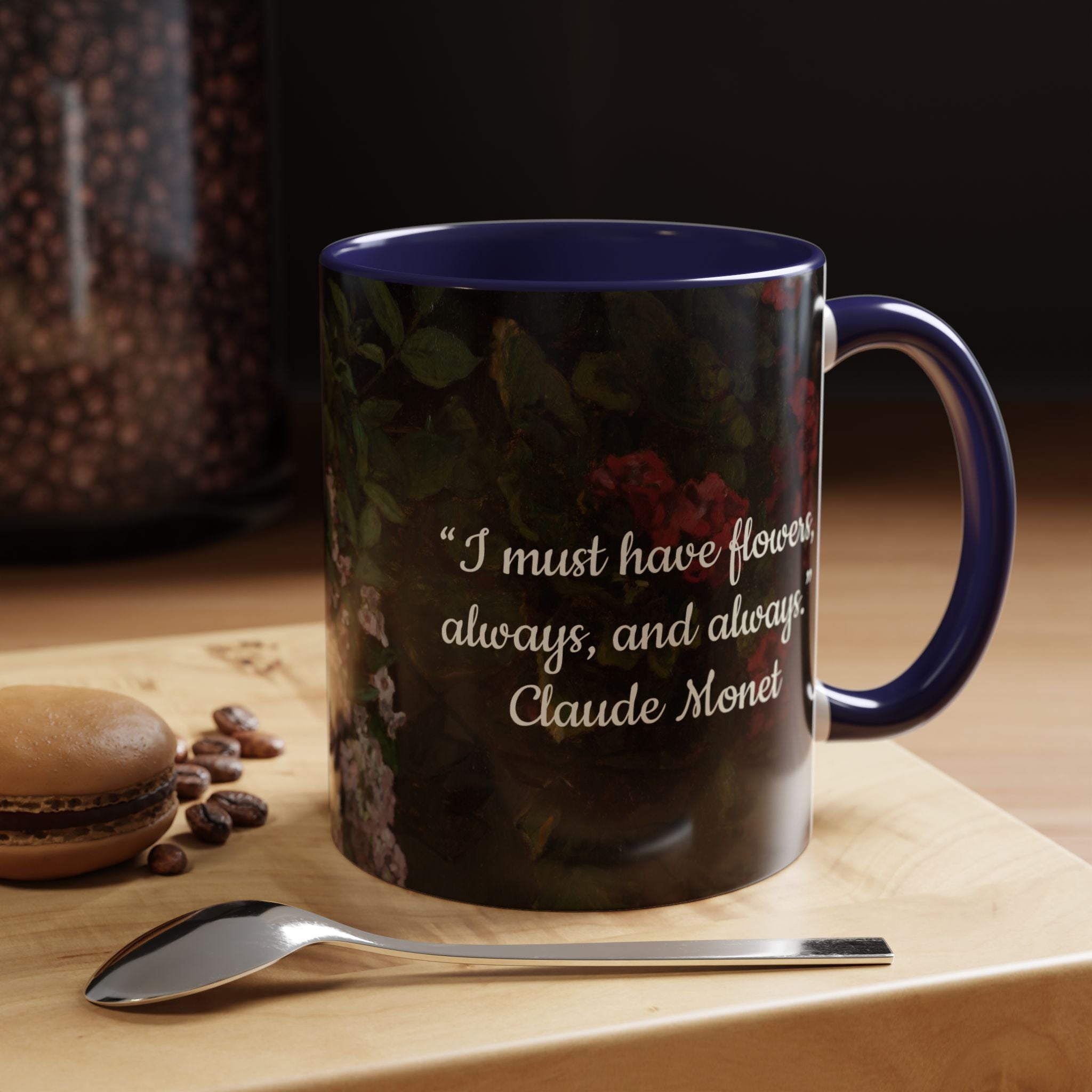 Claude Monet quote - Flowers Always with Artwork stretched - Accent Coffee Mug (11, 15oz) | Impressionist Artist and Artwork