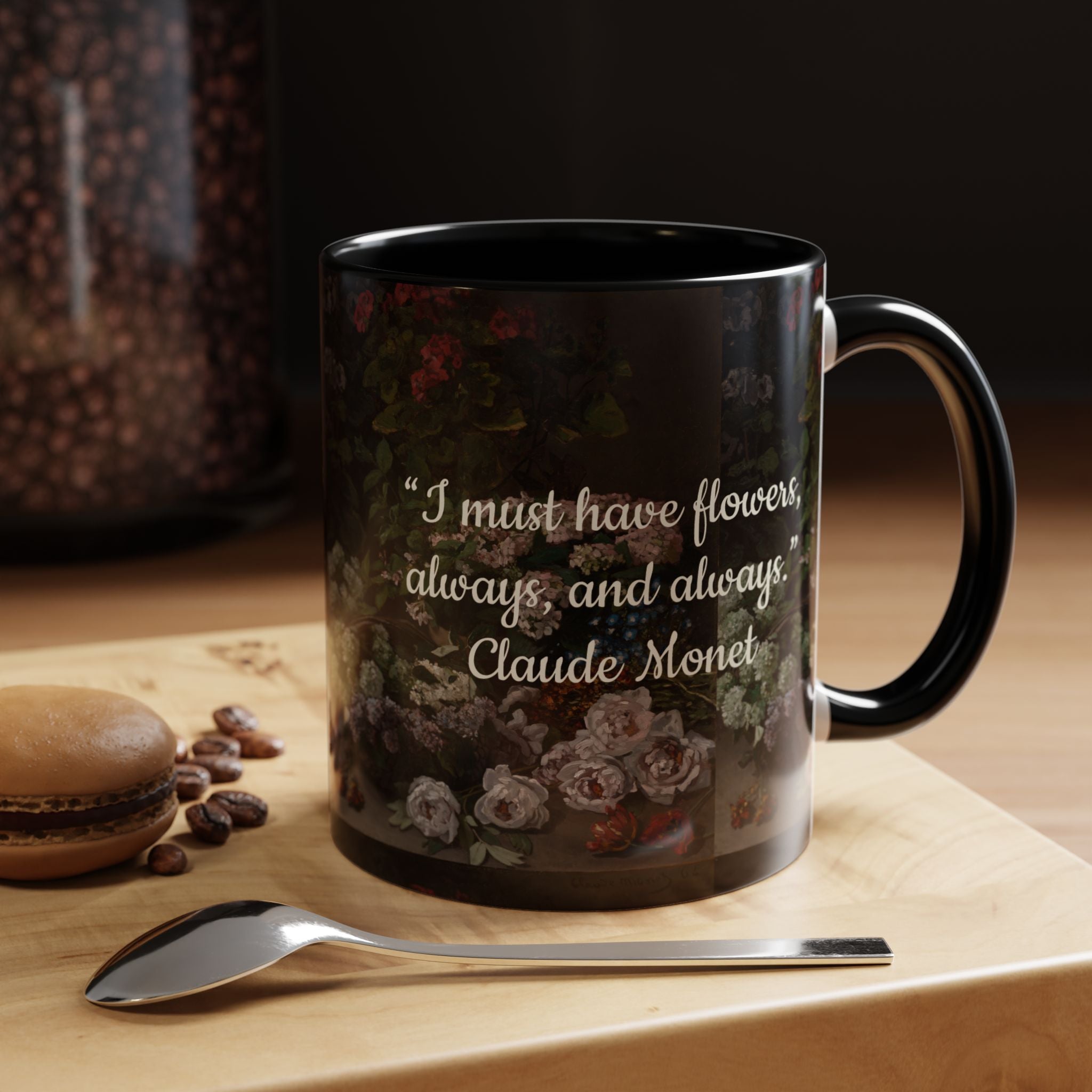 Claude Monet quote - Flowers Always with Artwork pattern - Accent Coffee Mug (11, 15oz) | Impressionist Artist and Artwork