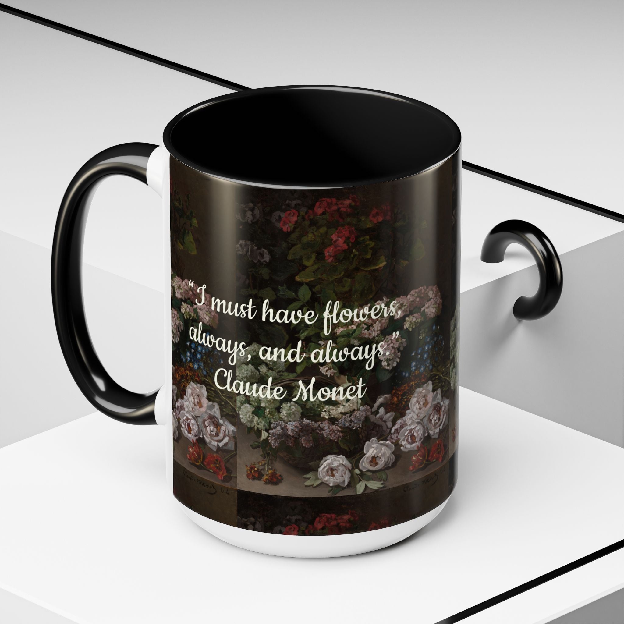 Claude Monet quote - Flowers Always with Artwork pattern - Accent Coffee Mug (11, 15oz) | Impressionist Artist and Artwork