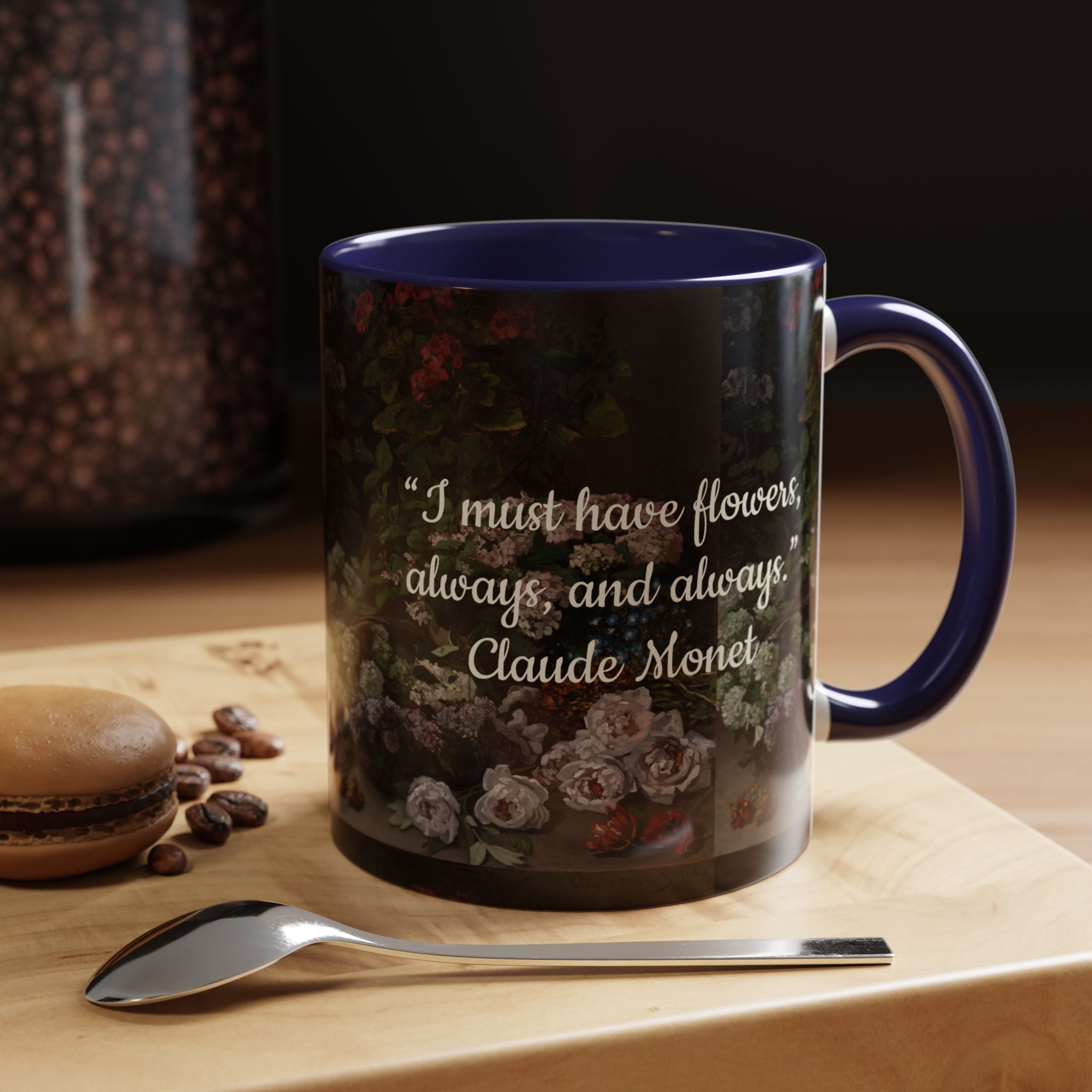 Claude Monet quote - Flowers Always with Artwork pattern - Accent Coffee Mug (11, 15oz) | Impressionist Artist and Artwork