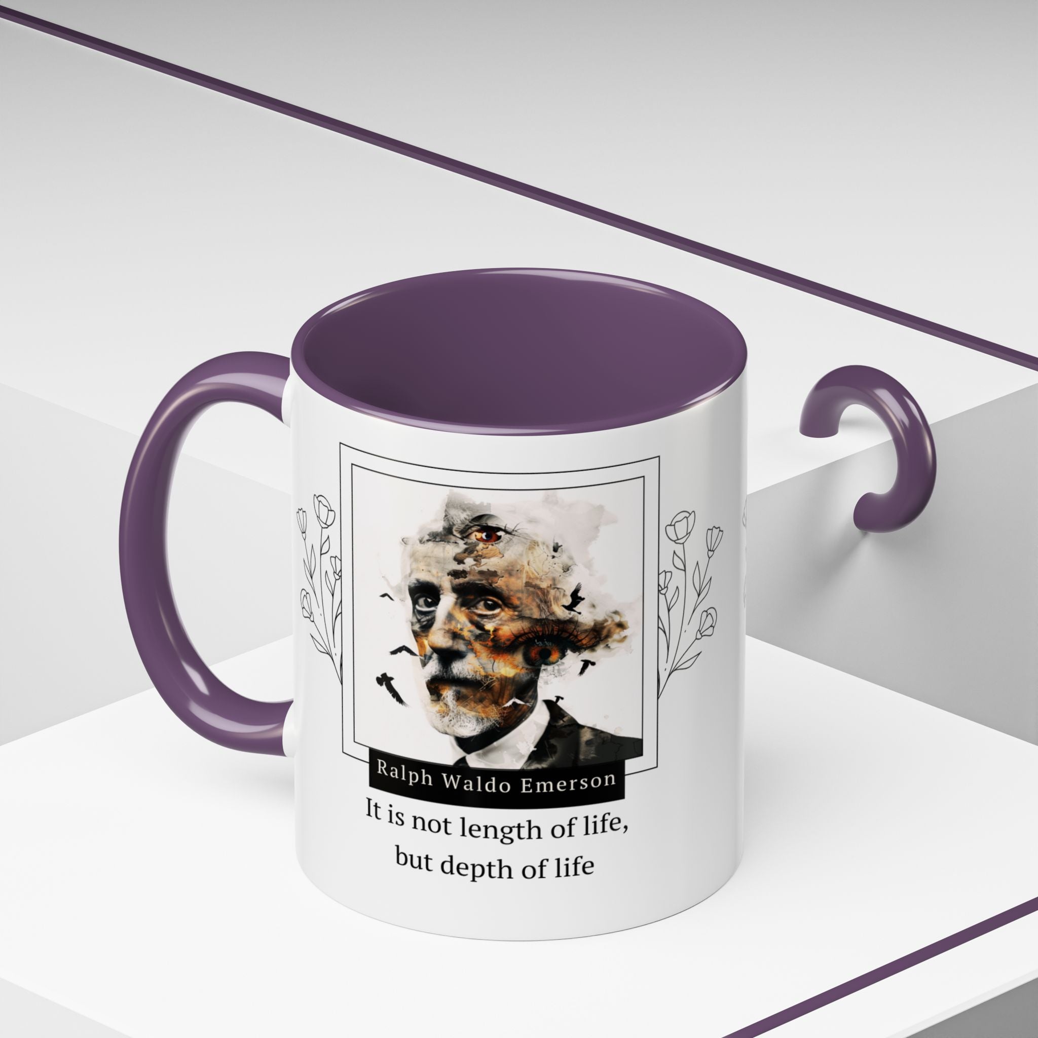 Ralph Waldo Emerson Quote - It Is Not Length of Life, But Depth of Life and Author Picture Accent Coffee Mug - 11oz & 15oz Options