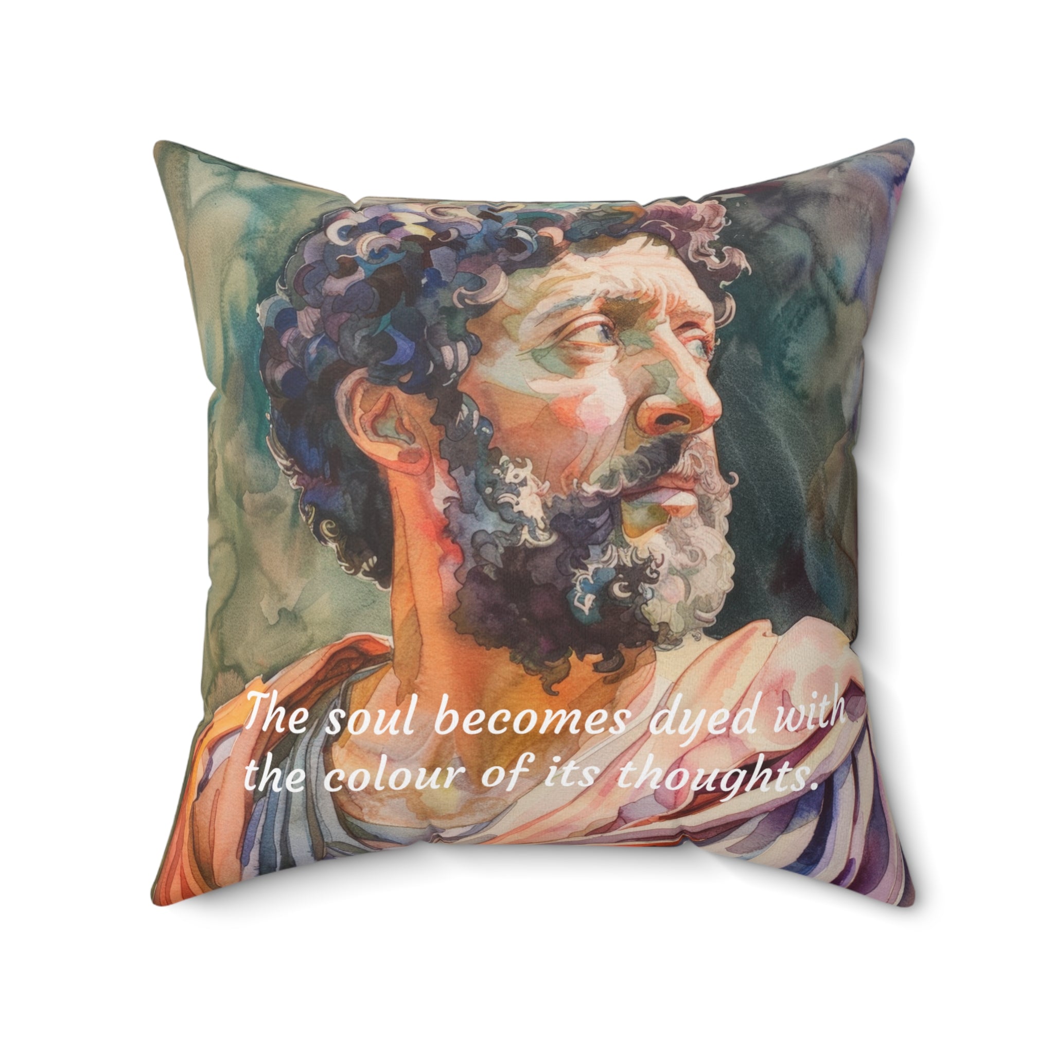 Marcus Aurelius The soul becomes dyed with the colour of its thoughts Quote Spun Polyester Square Pillow | Stoicism and Philosophy Gift