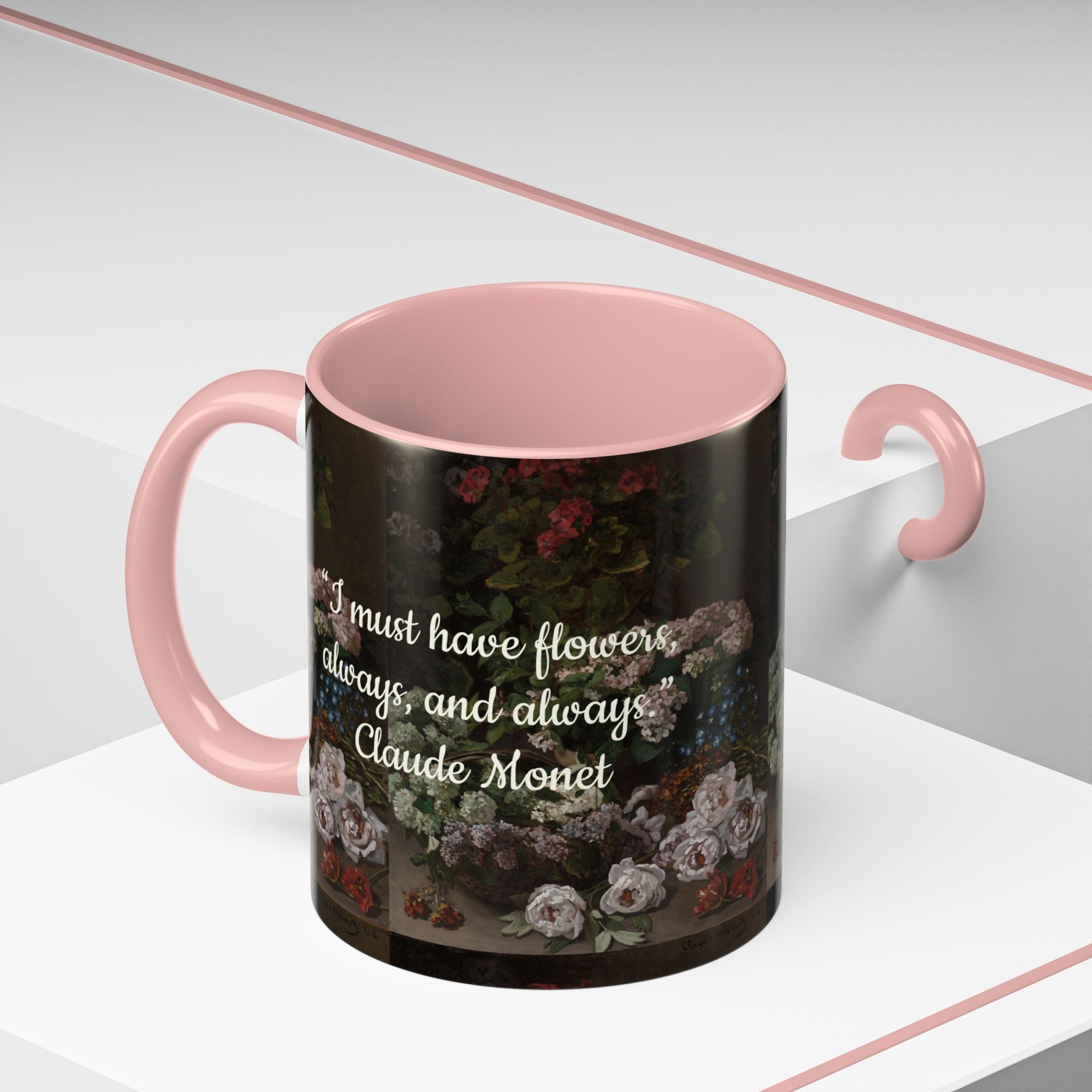 Claude Monet quote - Flowers Always with Artwork pattern - Accent Coffee Mug (11, 15oz) | Impressionist Artist and Artwork