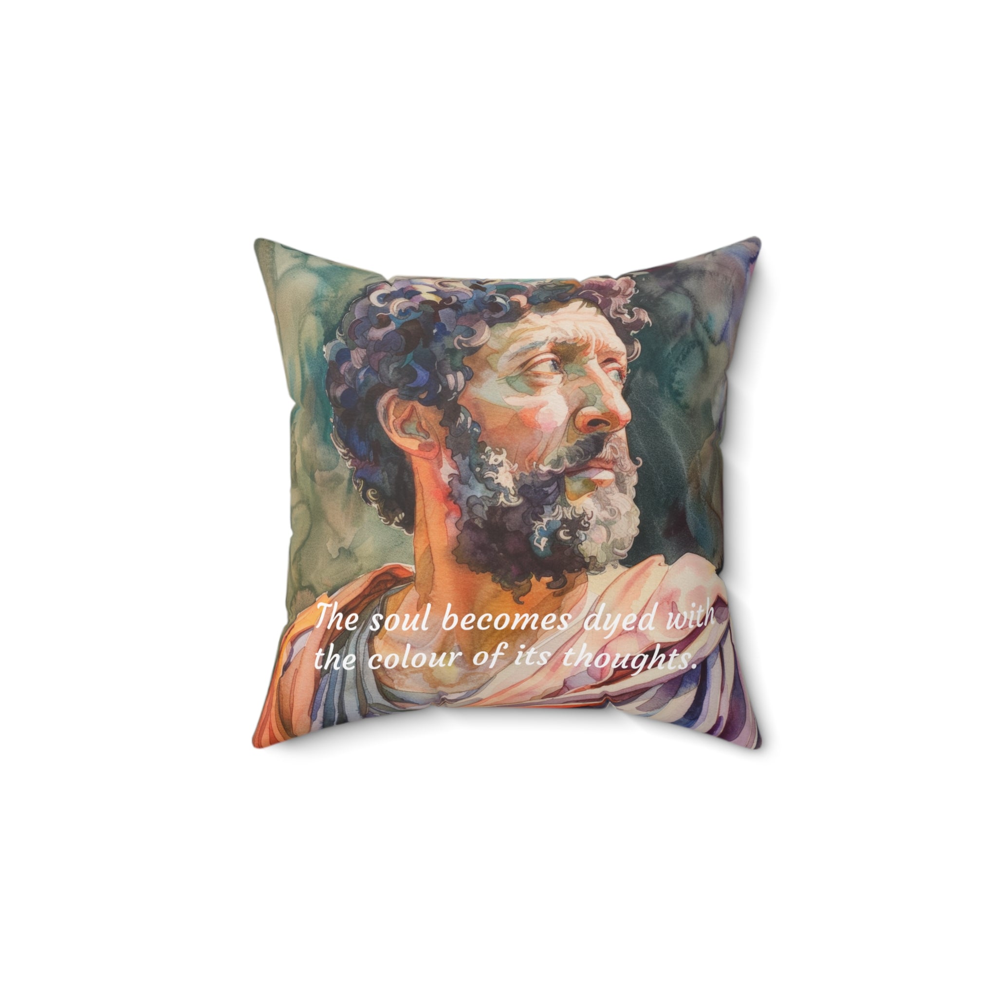 Marcus Aurelius The soul becomes dyed with the colour of its thoughts Quote Spun Polyester Square Pillow | Stoicism and Philosophy Gift