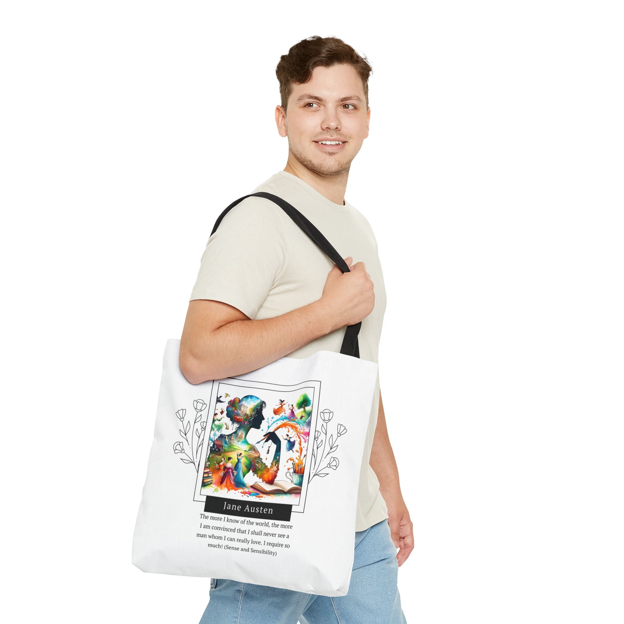 Jane Austen Man I can love quote Tote Bag (AOP) in 3 sizes| Literary Gifts | Pride and Prejudice| Perfect Gift for Austen Fans