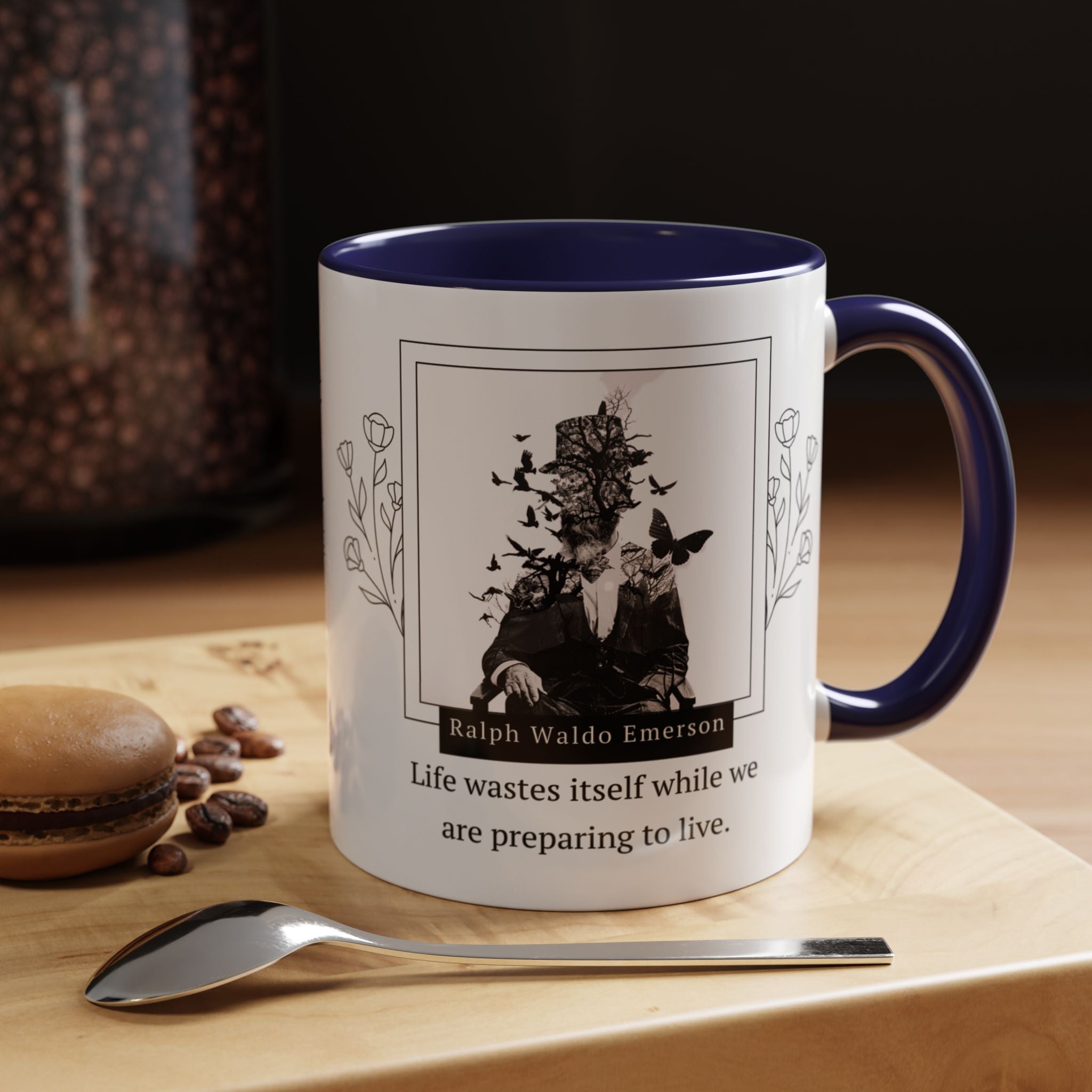 Ralph Waldo Emerson - Life wastes itself while we are preparing to life - Accent Coffee Mug (11, 15oz)