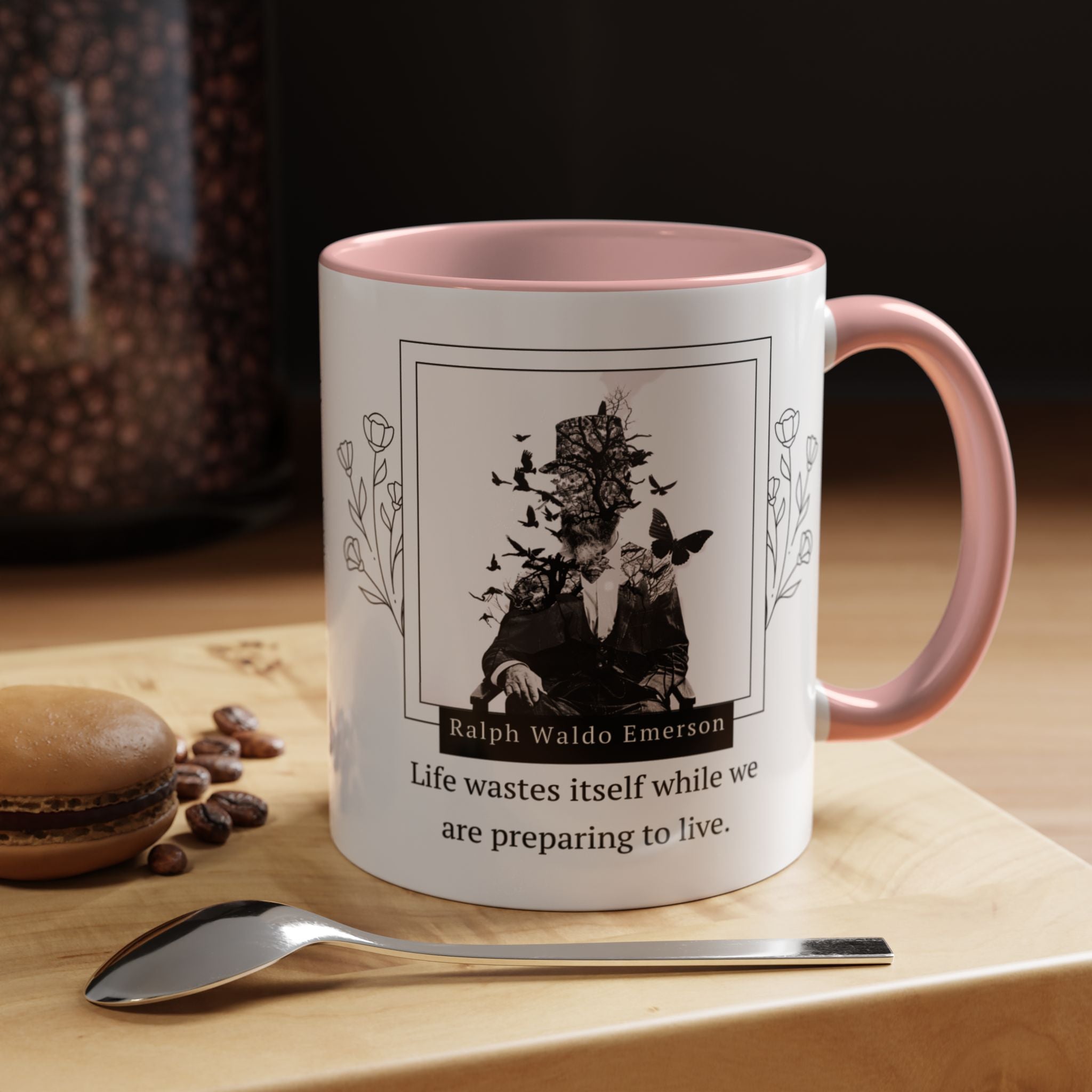 Ralph Waldo Emerson - Life wastes itself while we are preparing to life - Accent Coffee Mug (11, 15oz)