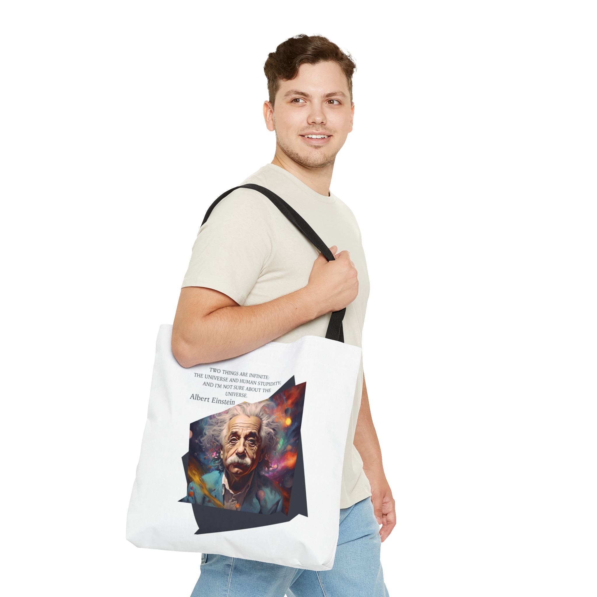 Einstein The Universe and Human Stupidity Quote Tote Bag (AOP) | Humorous Einstein Quotes | Gift for Science Lovers and STEM Enthusiasts