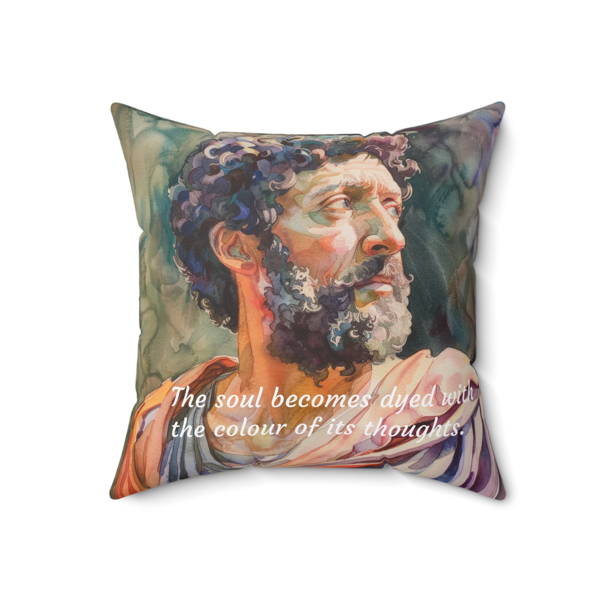 Marcus Aurelius The soul becomes dyed with the colour of its thoughts Quote Spun Polyester Square Pillow | Stoicism and Philosophy Gift