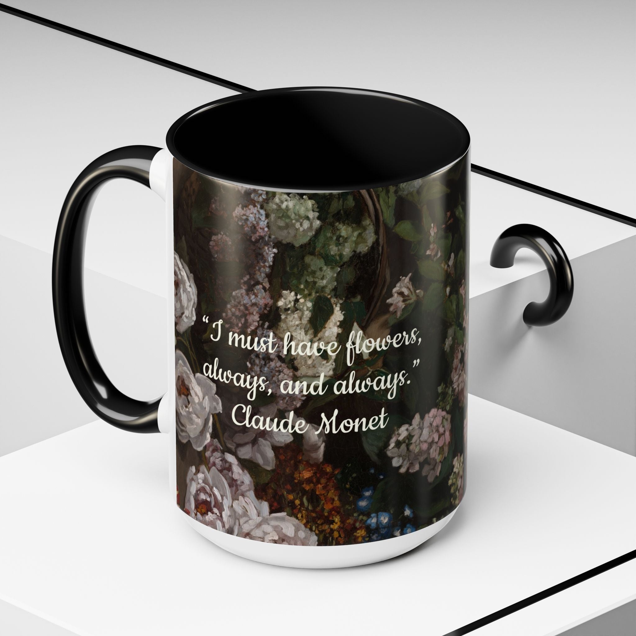 Claude Monet quote - Flowers Always with Artwork stretched - Accent Coffee Mug (11, 15oz) | Impressionist Artist and Artwork